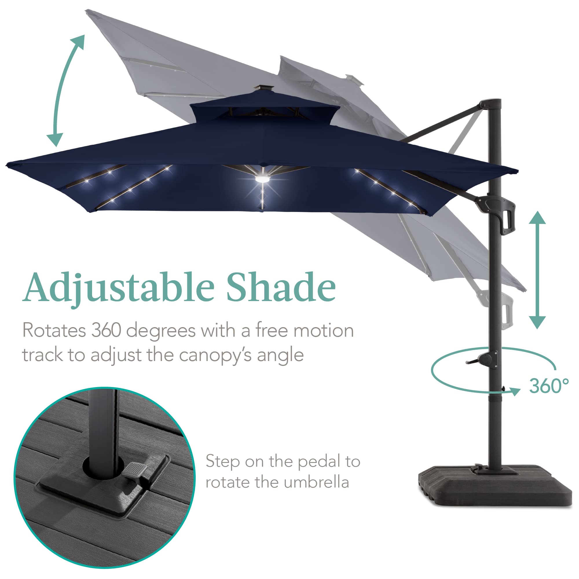Best Choice Products 10x10ft Cantilever Patio Umbrella w/Base Included, Solar LED Lights 360 Rotation Large Offset Hanging Outdoor Shade for Deck Pool Backyard w/Stand – Navy Blue - Image 4