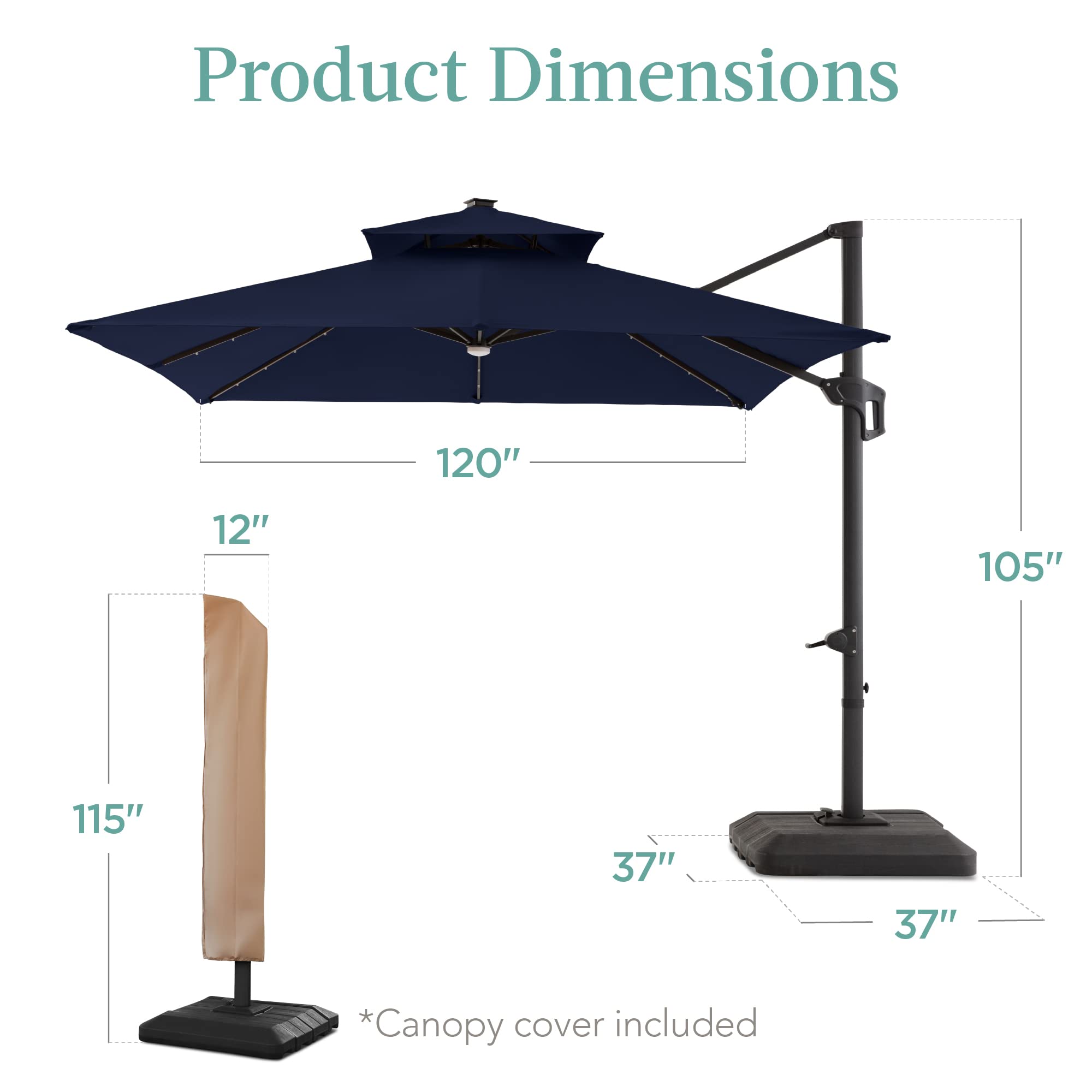 Best Choice Products 10x10ft Cantilever Patio Umbrella w/Base Included, Solar LED Lights 360 Rotation Large Offset Hanging Outdoor Shade for Deck Pool Backyard w/Stand – Navy Blue - Image 7