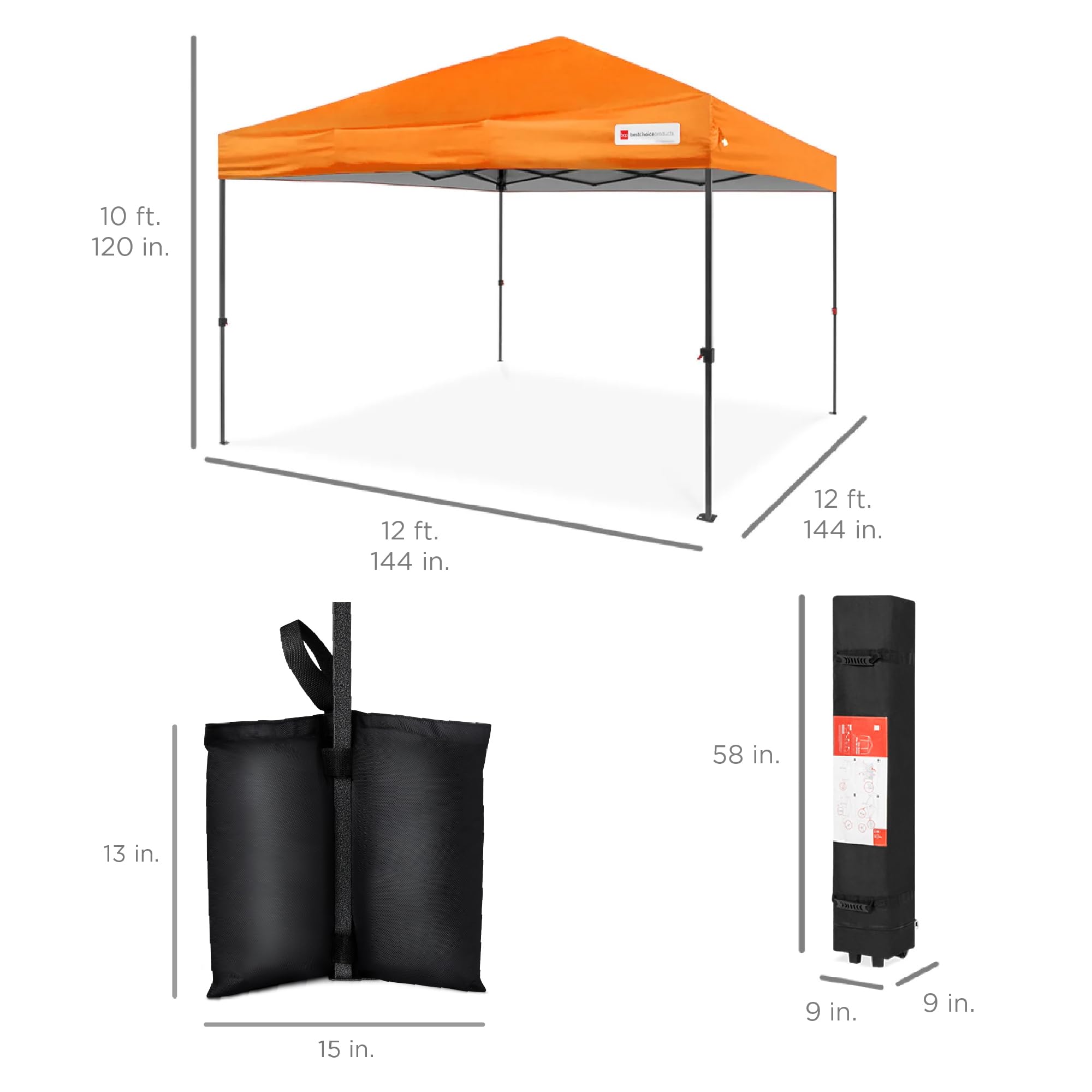 Best Choice Products 12x12ft Pop Up Canopy Tent, Outdoor Shade, 1 Person 1 Minute Set Up, Carry Case, 4 Weight Bags - Orange - Image 8