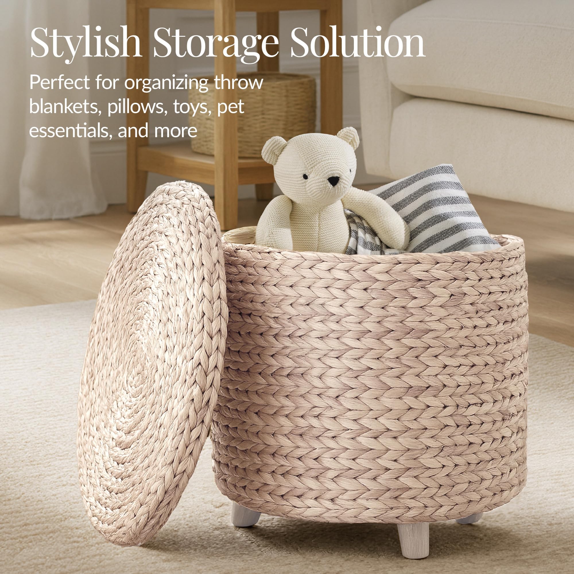 Best Choice Products 17" Round Storage Ottoman W/Lid, Handwoven Water Hyacinth Footstool, Footrest w/Wooden Legs, Accent Side Table, Storage Container, Plant Stand - Whitewash - Image 3