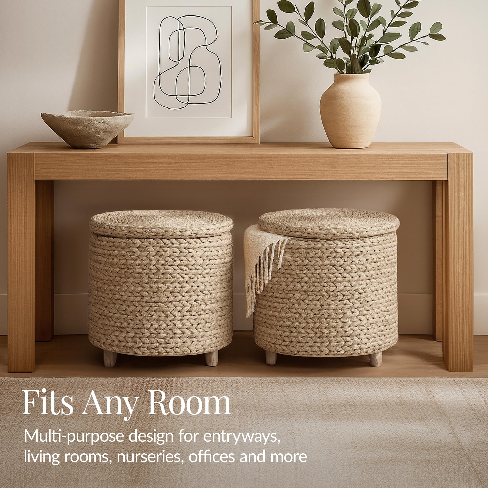 Best Choice Products 17" Round Storage Ottoman W/Lid, Handwoven Water Hyacinth Footstool, Footrest w/Wooden Legs, Accent Side Table, Storage Container, Plant Stand - Whitewash - Image 5