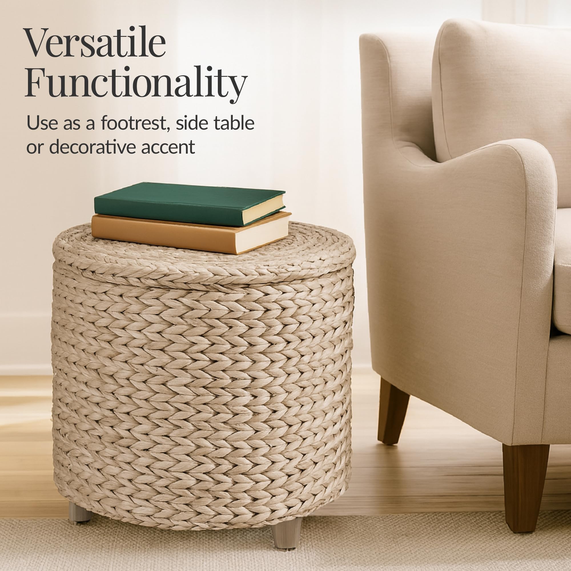 Best Choice Products 17" Round Storage Ottoman W/Lid, Handwoven Water Hyacinth Footstool, Footrest w/Wooden Legs, Accent Side Table, Storage Container, Plant Stand - Whitewash - Image 6