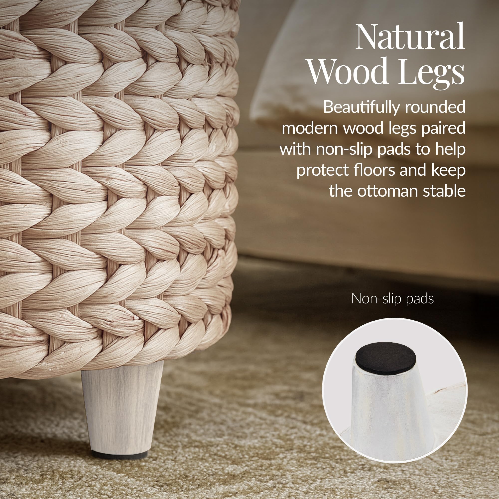 Best Choice Products 17" Round Storage Ottoman W/Lid, Handwoven Water Hyacinth Footstool, Footrest w/Wooden Legs, Accent Side Table, Storage Container, Plant Stand - Whitewash - Image 7