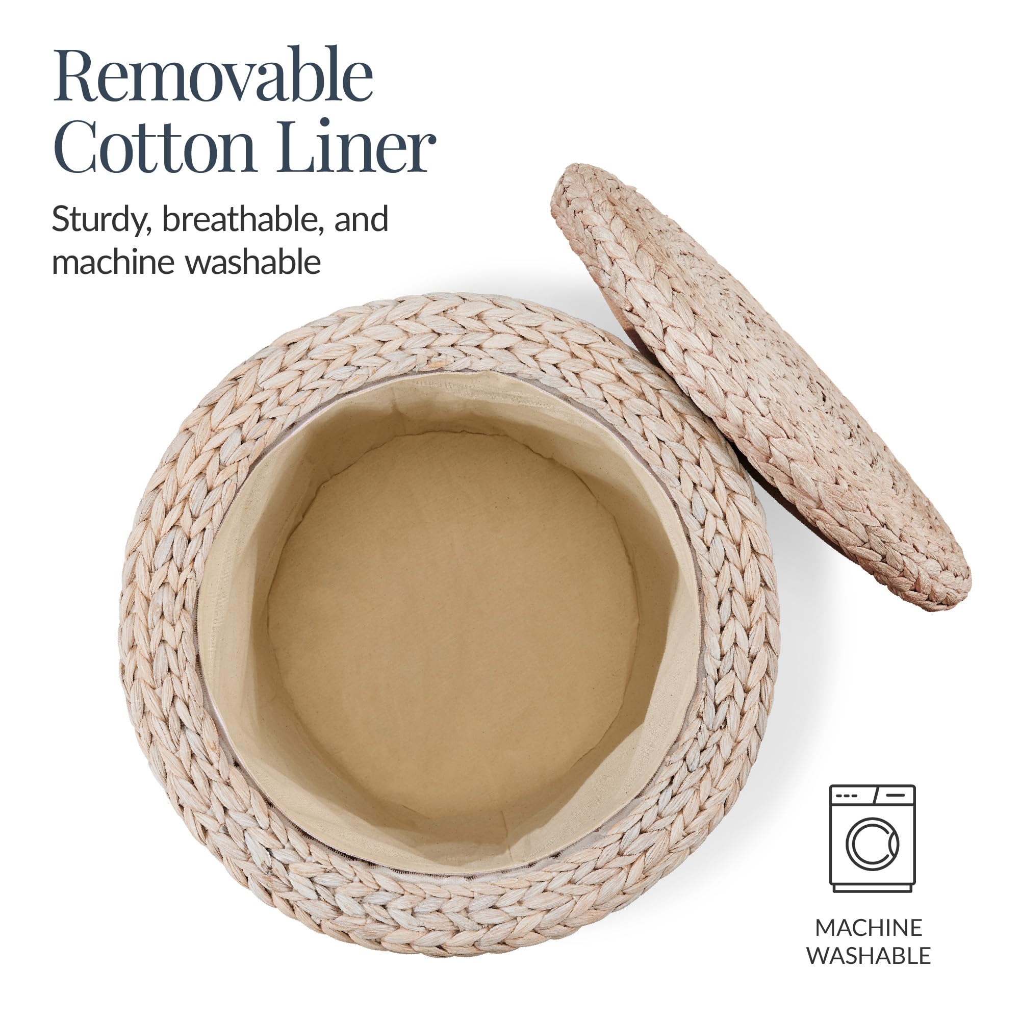 Best Choice Products 17" Round Storage Ottoman W/Lid, Handwoven Water Hyacinth Footstool, Footrest w/Wooden Legs, Accent Side Table, Storage Container, Plant Stand - Whitewash - Image 8