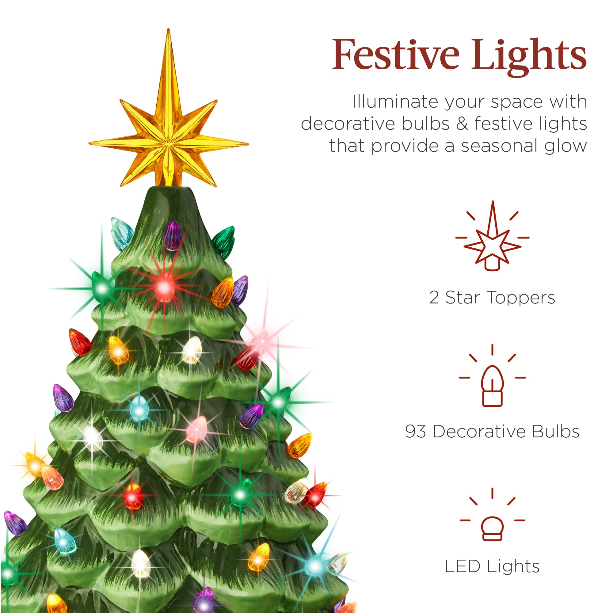 Best Choice Products 18in Large Ceramic Christmas Tree, Pre-lit Hand-Painted Tabletop Holiday Decoration w/Power Cord, 2 Star, 93 Multicolored Bulbs, LED Lights - Green - Image 3