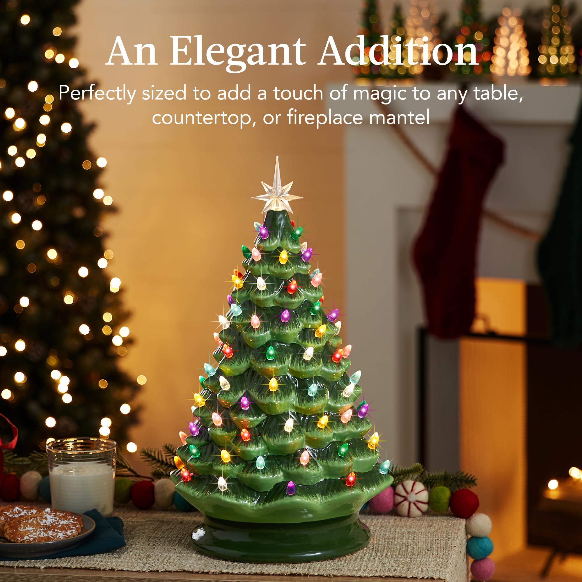 Best Choice Products 18in Large Ceramic Christmas Tree, Pre-lit Hand-Painted Tabletop Holiday Decoration w/Power Cord, 2 Star, 93 Multicolored Bulbs, LED Lights - Green - Image 5