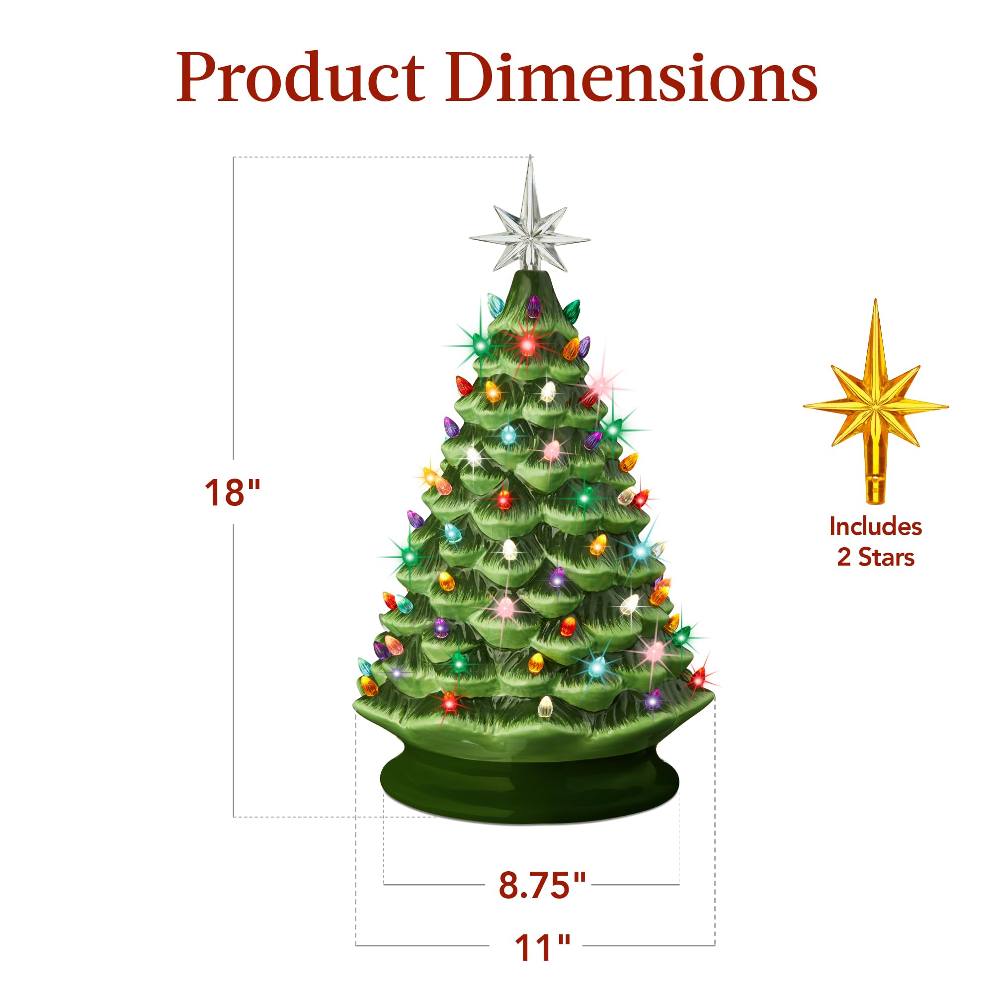Best Choice Products 18in Large Ceramic Christmas Tree, Pre-lit Hand-Painted Tabletop Holiday Decoration w/Power Cord, 2 Star, 93 Multicolored Bulbs, LED Lights - Green - Image 7
