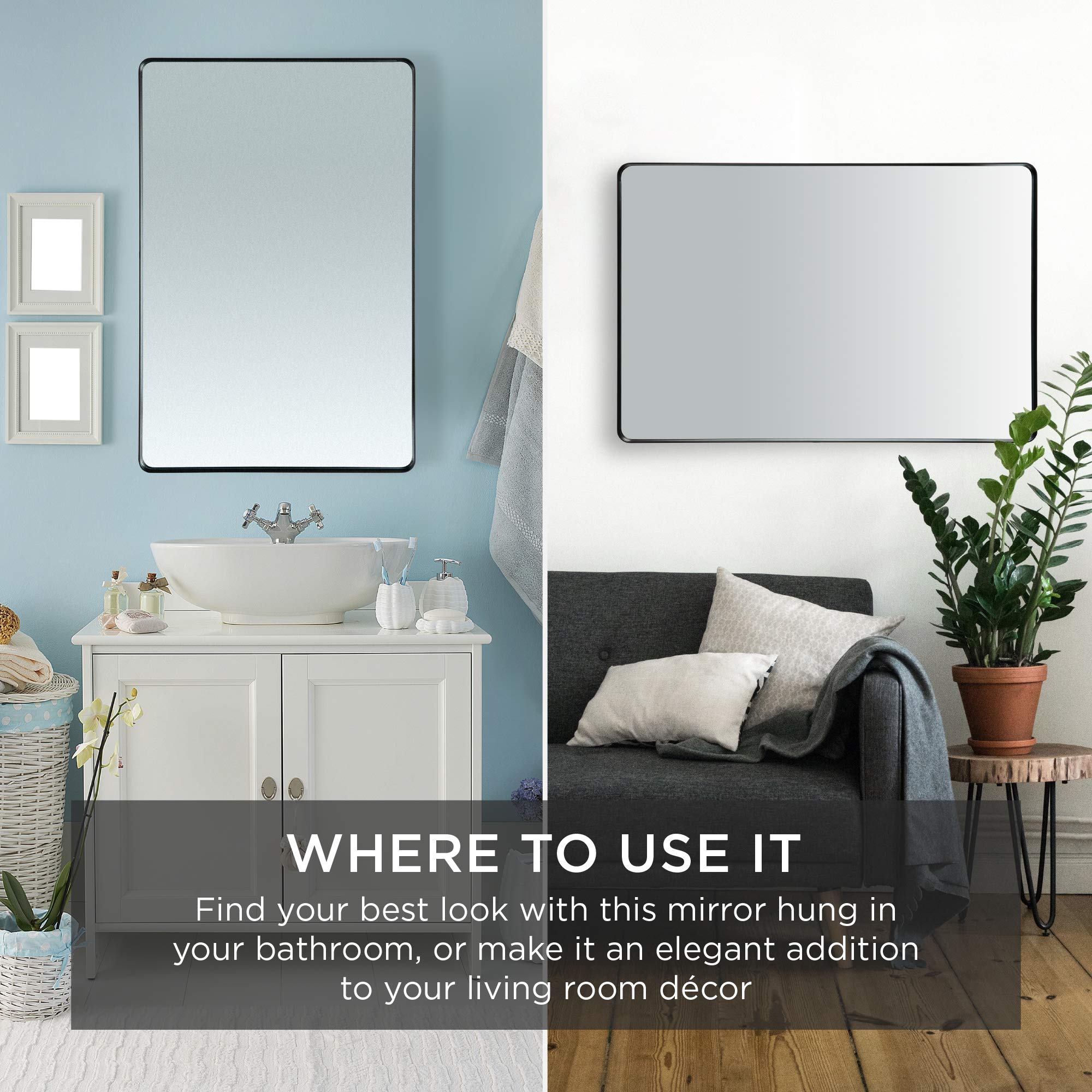 Best Choice Products 24x36in Black Matte Metal Frame Bathroom Mirror for Wall, Rounded Rectangle Vanity Mirror, Decor Mirror, Hangs Horizontally or Vertically - Image 4