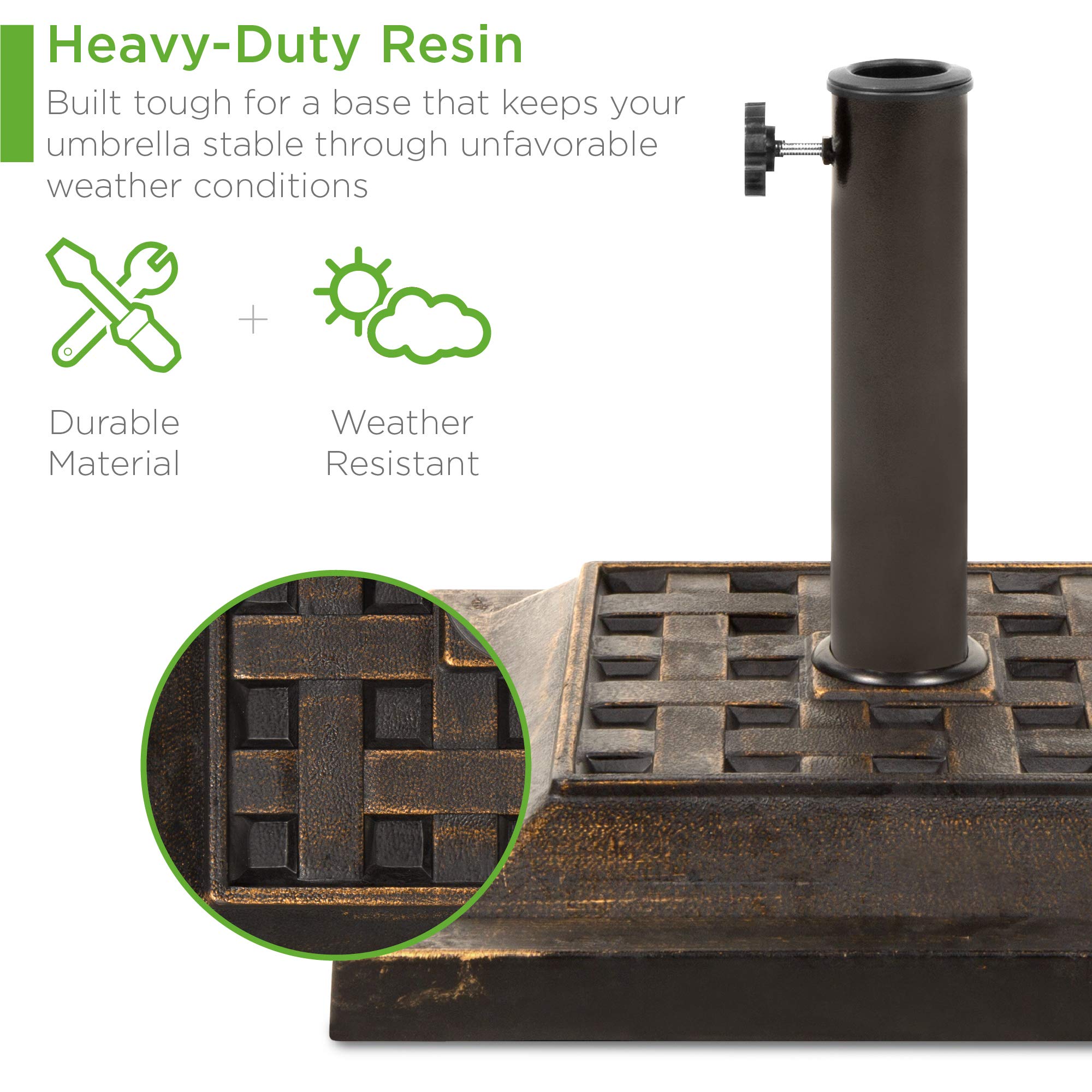 Best Choice Products 26lb Outdoor Patio Umbrella Stand Heavy-Duty Steel Square Umbrella Base w/Bronze Finish, Decorative Basket Weave Pattern - Image 3