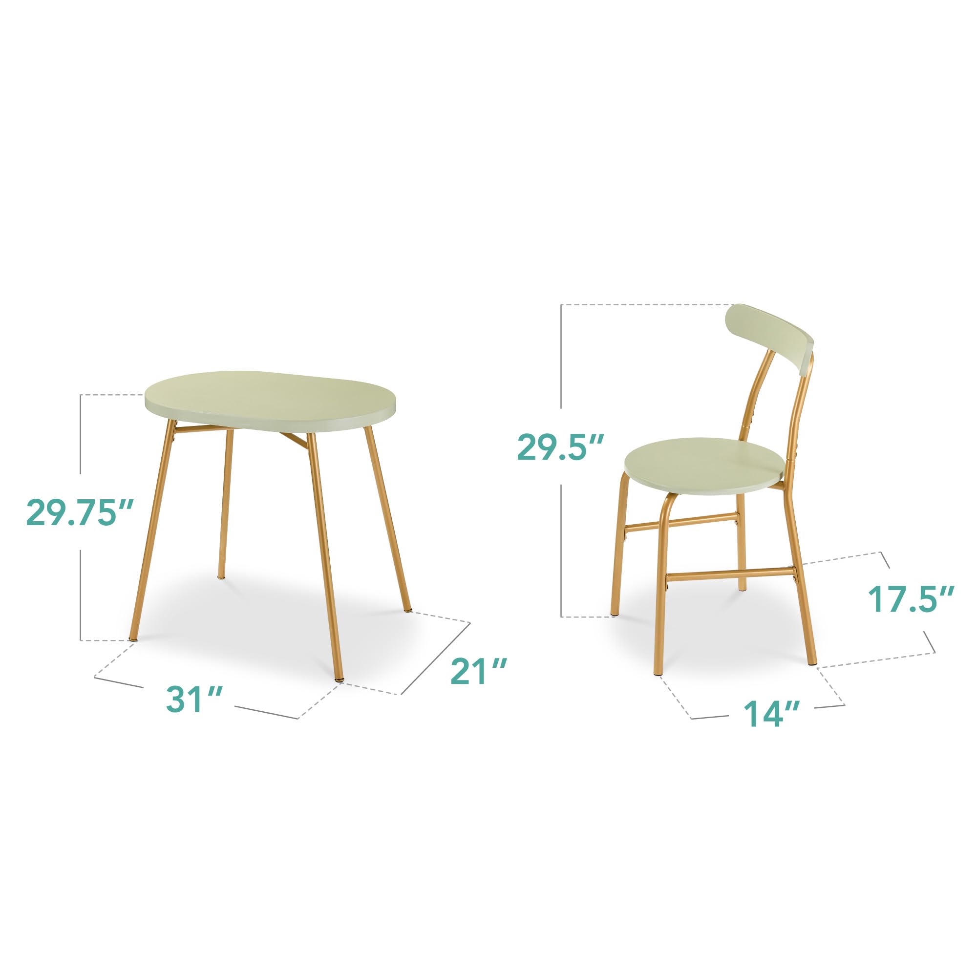 Best Choice Products 3-Piece Oval Dining Table Set, Modern Small Kitchen Dinette w/ 2 Chairs, Metal Frame, Curved Backrests - Sage Green/Gold - Image 7