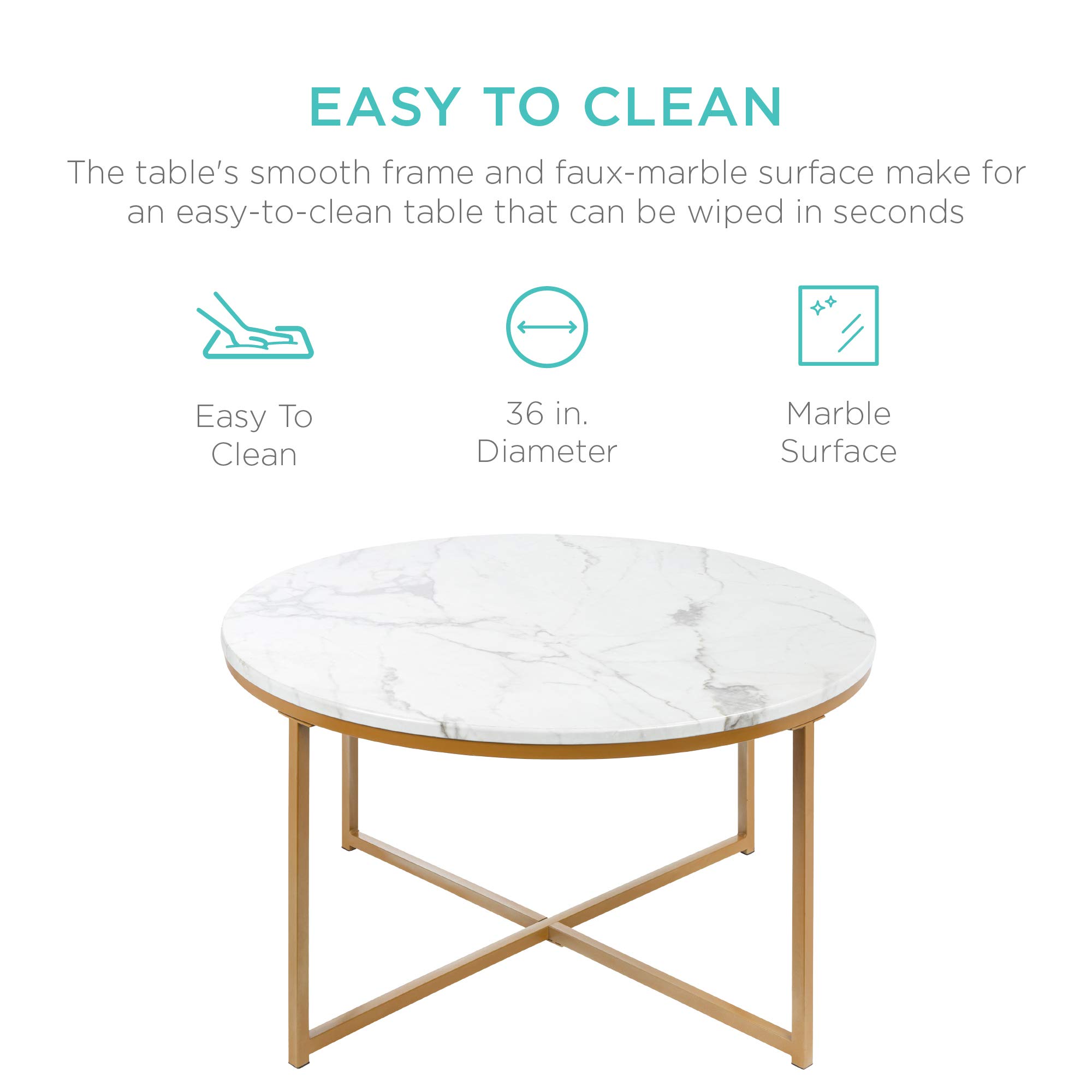 Best Choice Products 36in Faux Marble Accent Table, Modern End Table, Large Coffee Table Home Decor for Living Room, Dining Room, Tea, Coffee w/Metal Frame, Foot Caps, Designer - White/Gold - Image 5