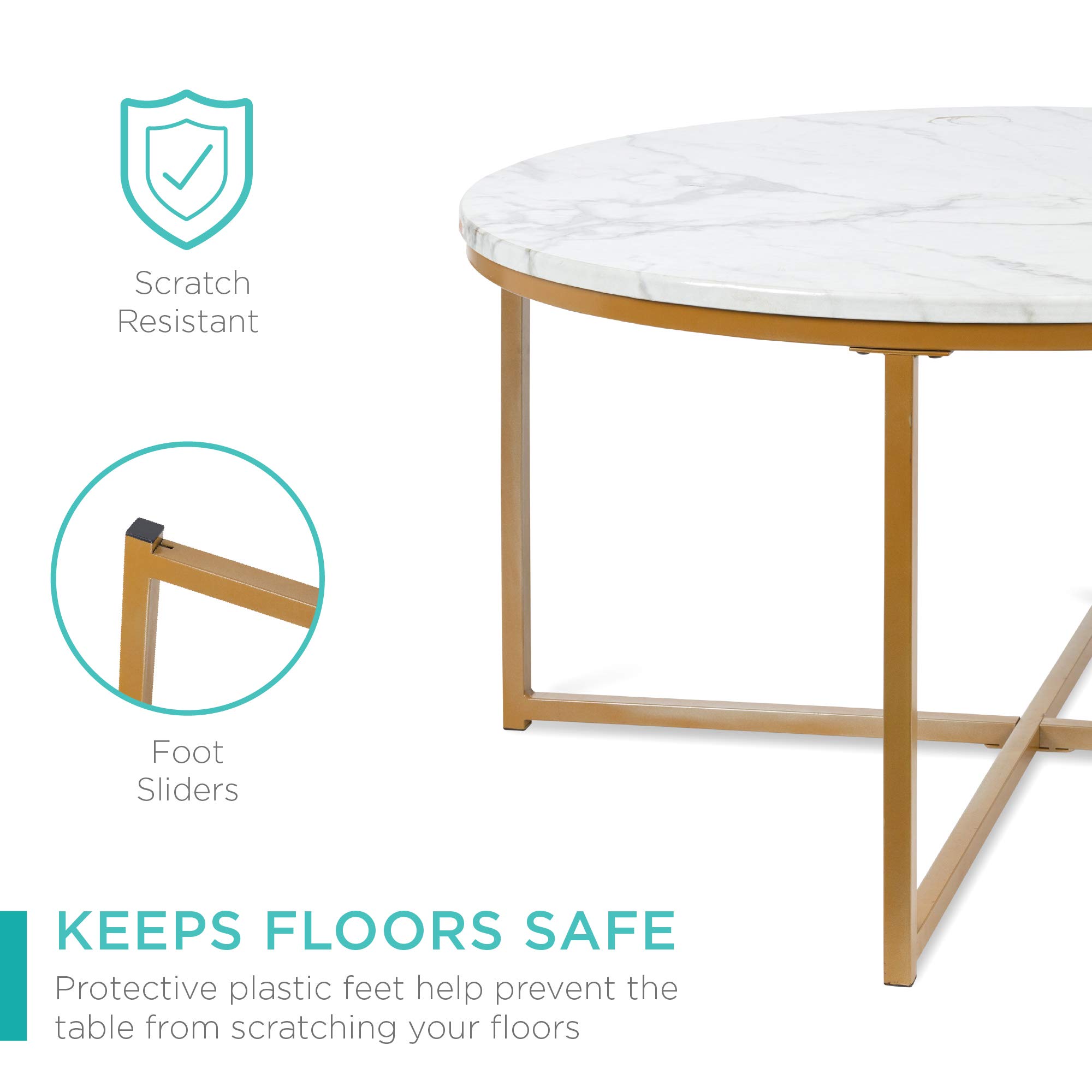 Best Choice Products 36in Faux Marble Accent Table, Modern End Table, Large Coffee Table Home Decor for Living Room, Dining Room, Tea, Coffee w/Metal Frame, Foot Caps, Designer - White/Gold - Image 6
