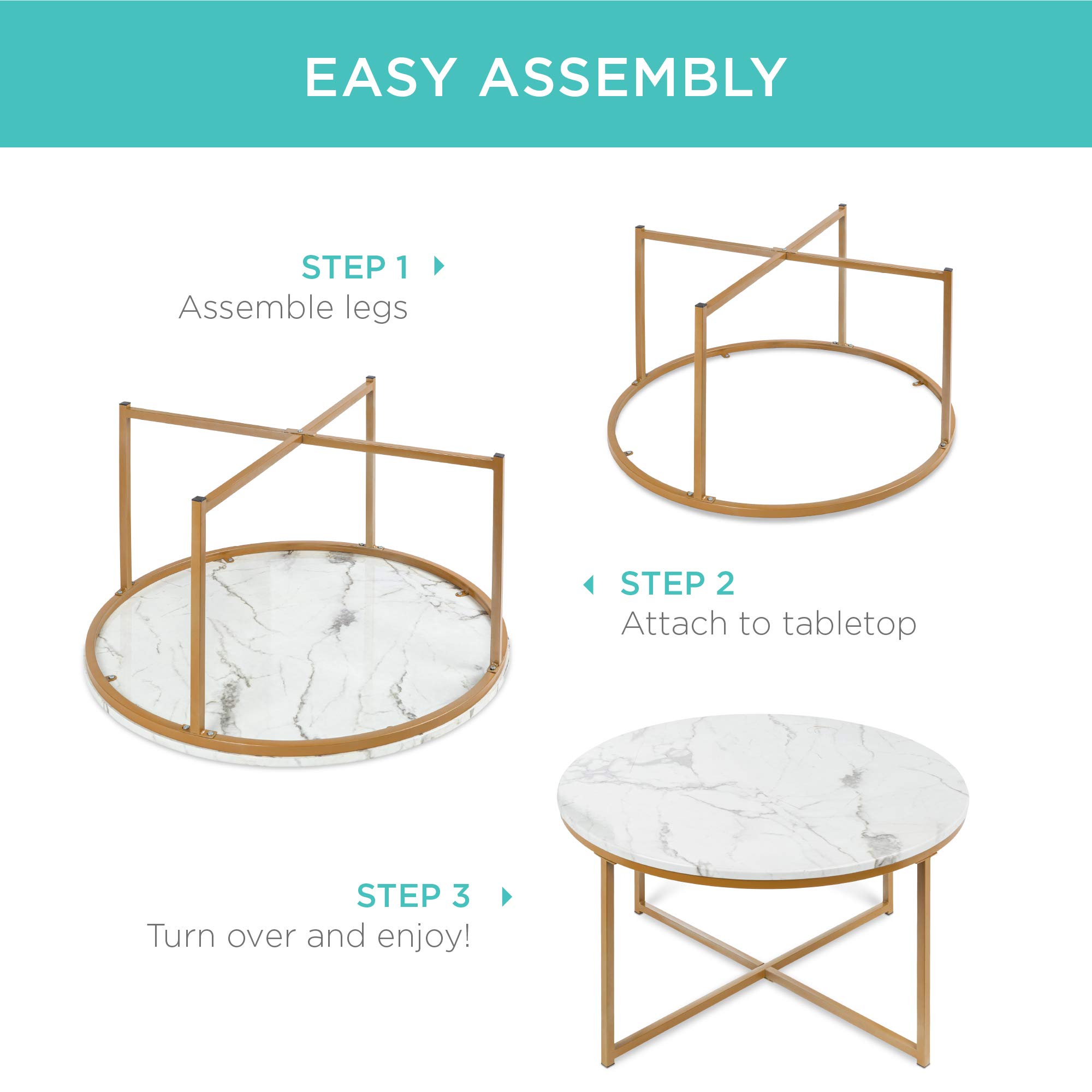 Best Choice Products 36in Faux Marble Accent Table, Modern End Table, Large Coffee Table Home Decor for Living Room, Dining Room, Tea, Coffee w/Metal Frame, Foot Caps, Designer - White/Gold - Image 7