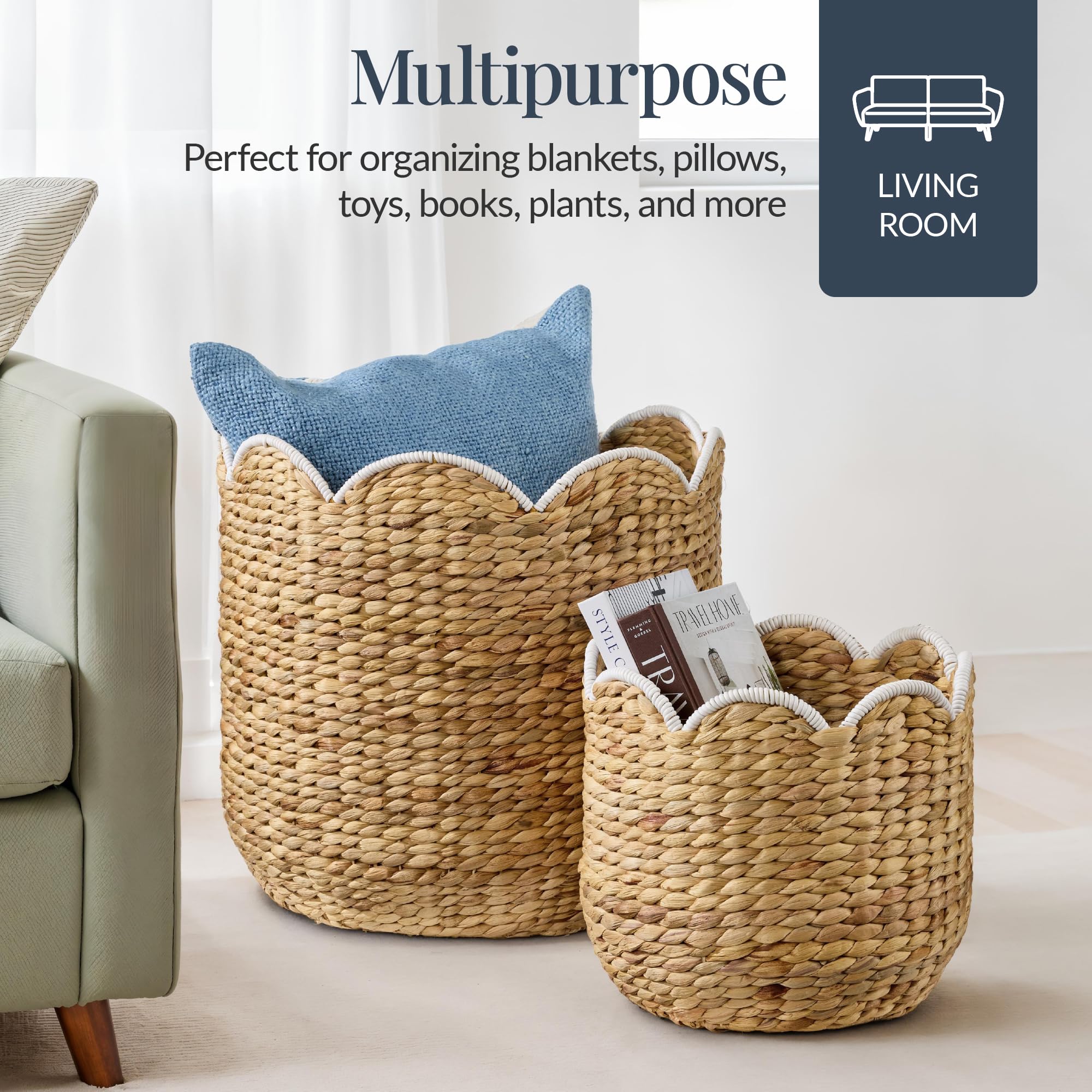 Best Choice Products 3pc Water Hyacinth Scalloped Multipurpose Nesting Baskets, Storage Bin Organization Totes for Living Room, Bedroom, Nursery, Laundry Room - Natural w/White Trim - Image 4