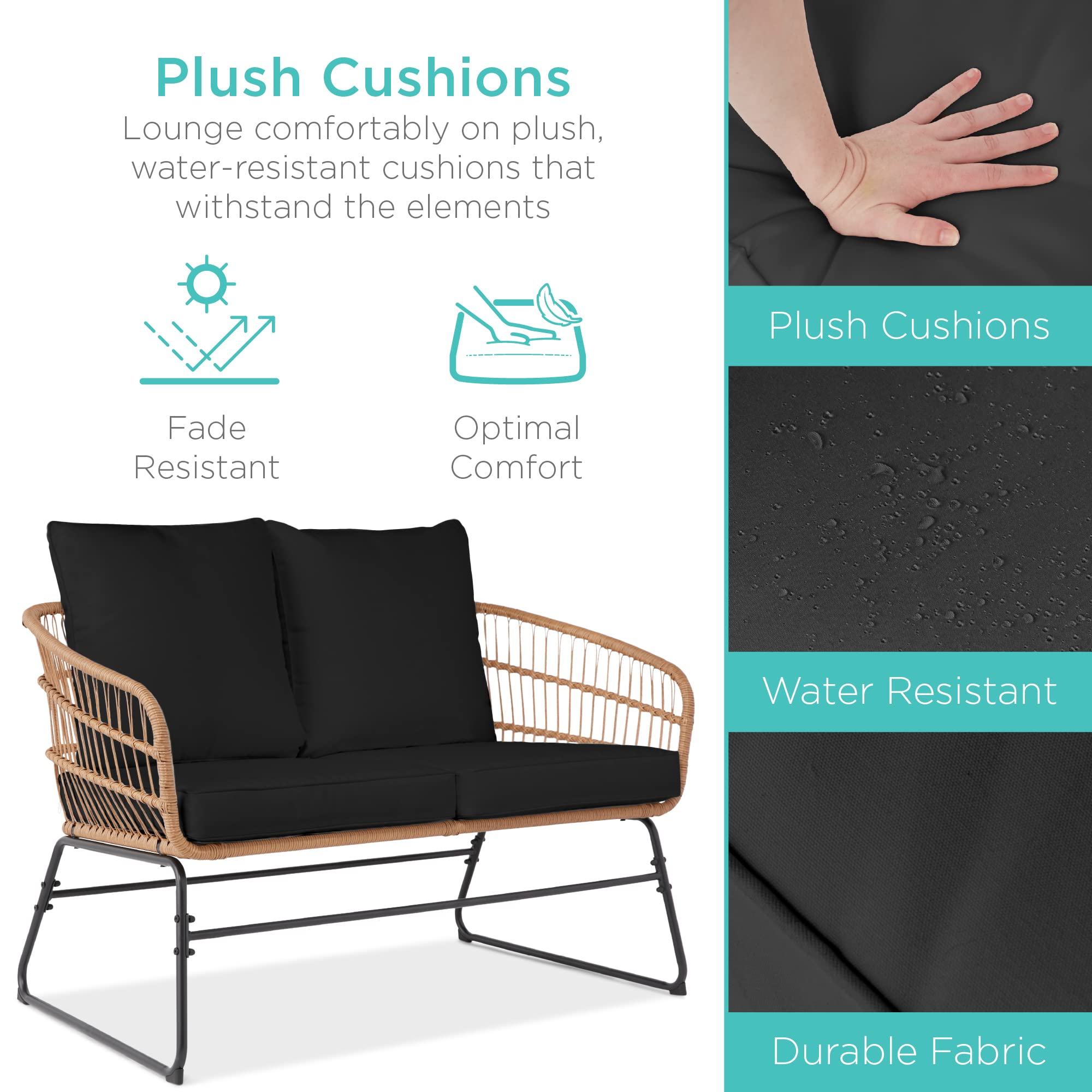 Best Choice Products 4-Piece Outdoor Rope Wicker Patio Conversation Set, Modern Contemporary Furniture for Backyard, Balcony, Porch w/Loveseat, Plush Cushions, Coffee Table, Steel Frame - Black - Image 3