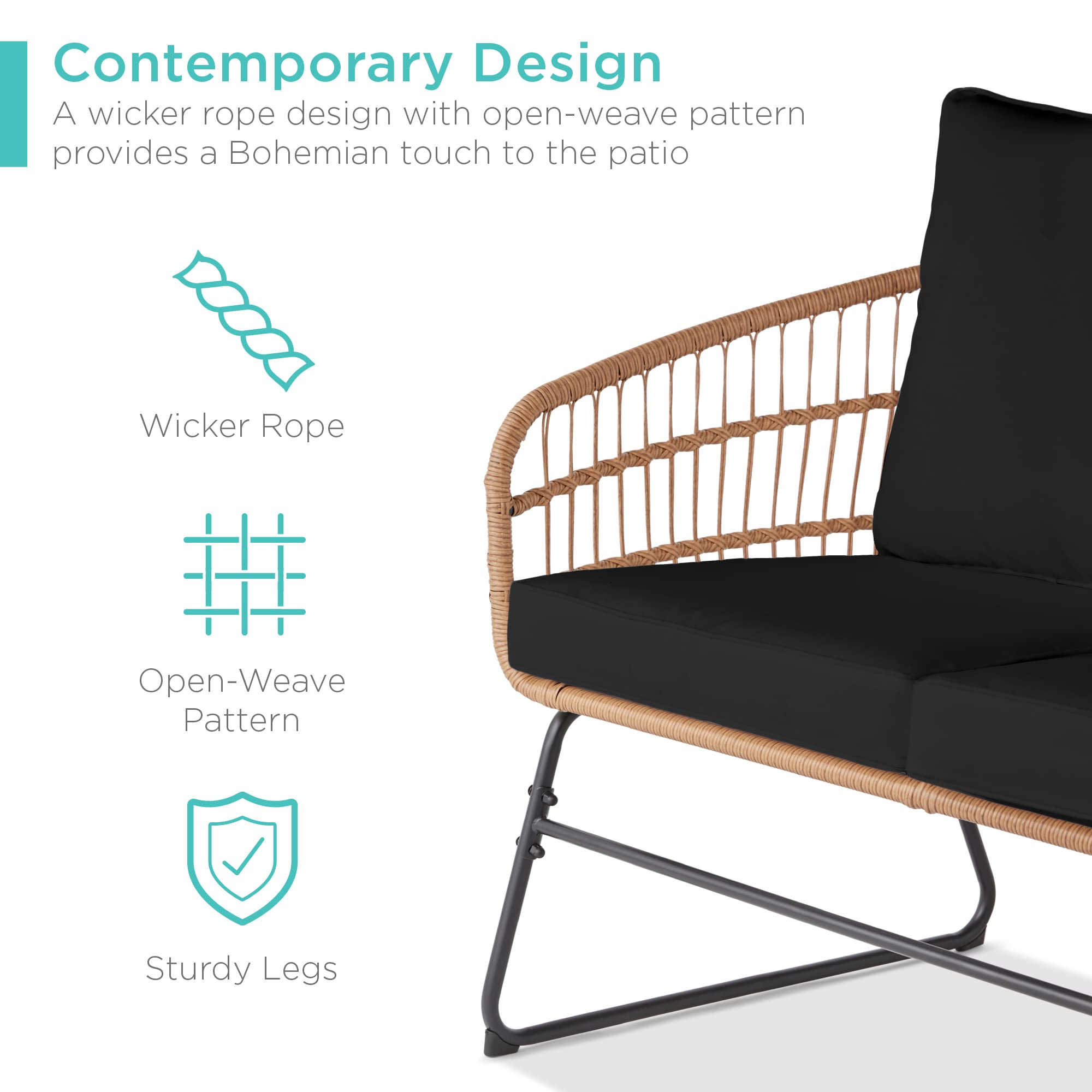 Best Choice Products 4-Piece Outdoor Rope Wicker Patio Conversation Set, Modern Contemporary Furniture for Backyard, Balcony, Porch w/Loveseat, Plush Cushions, Coffee Table, Steel Frame - Black - Image 4