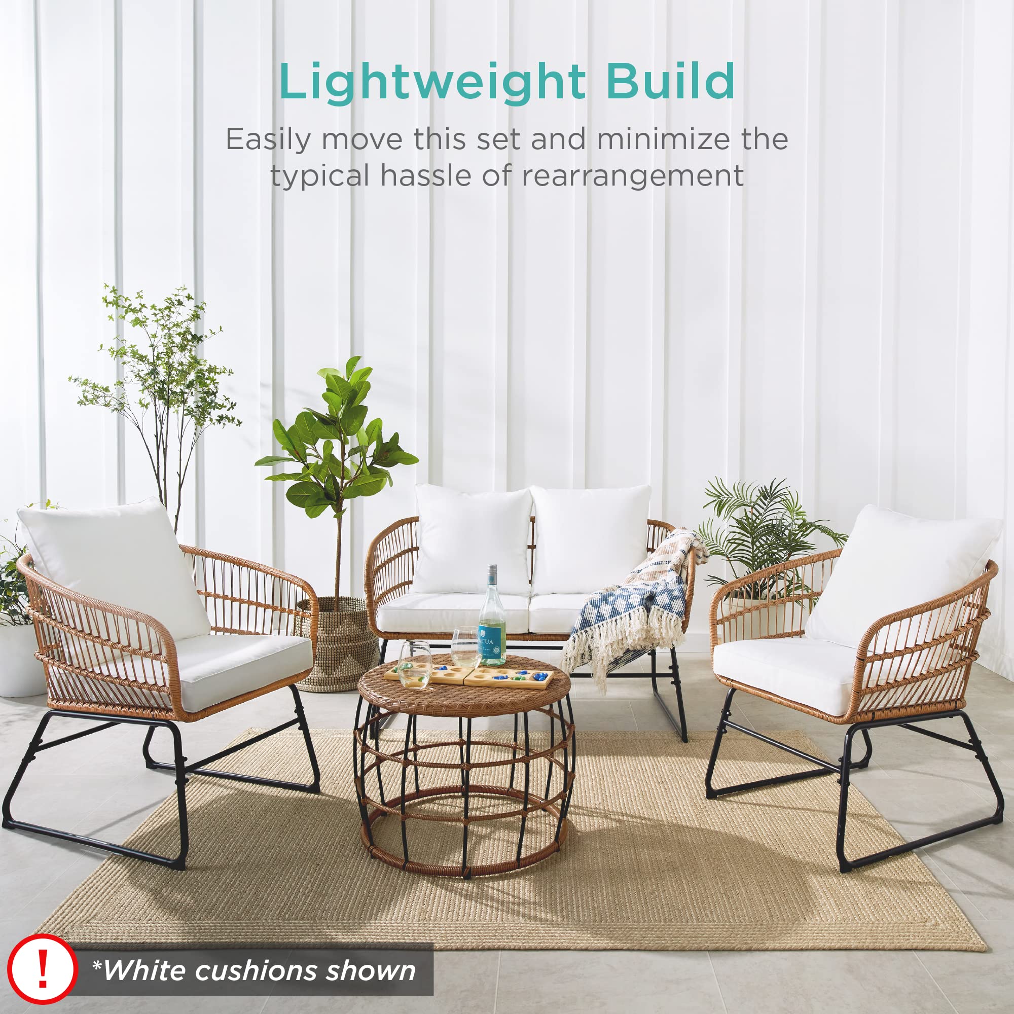 Best Choice Products 4-Piece Outdoor Rope Wicker Patio Conversation Set, Modern Contemporary Furniture for Backyard, Balcony, Porch w/Loveseat, Plush Cushions, Coffee Table, Steel Frame - Black - Image 6