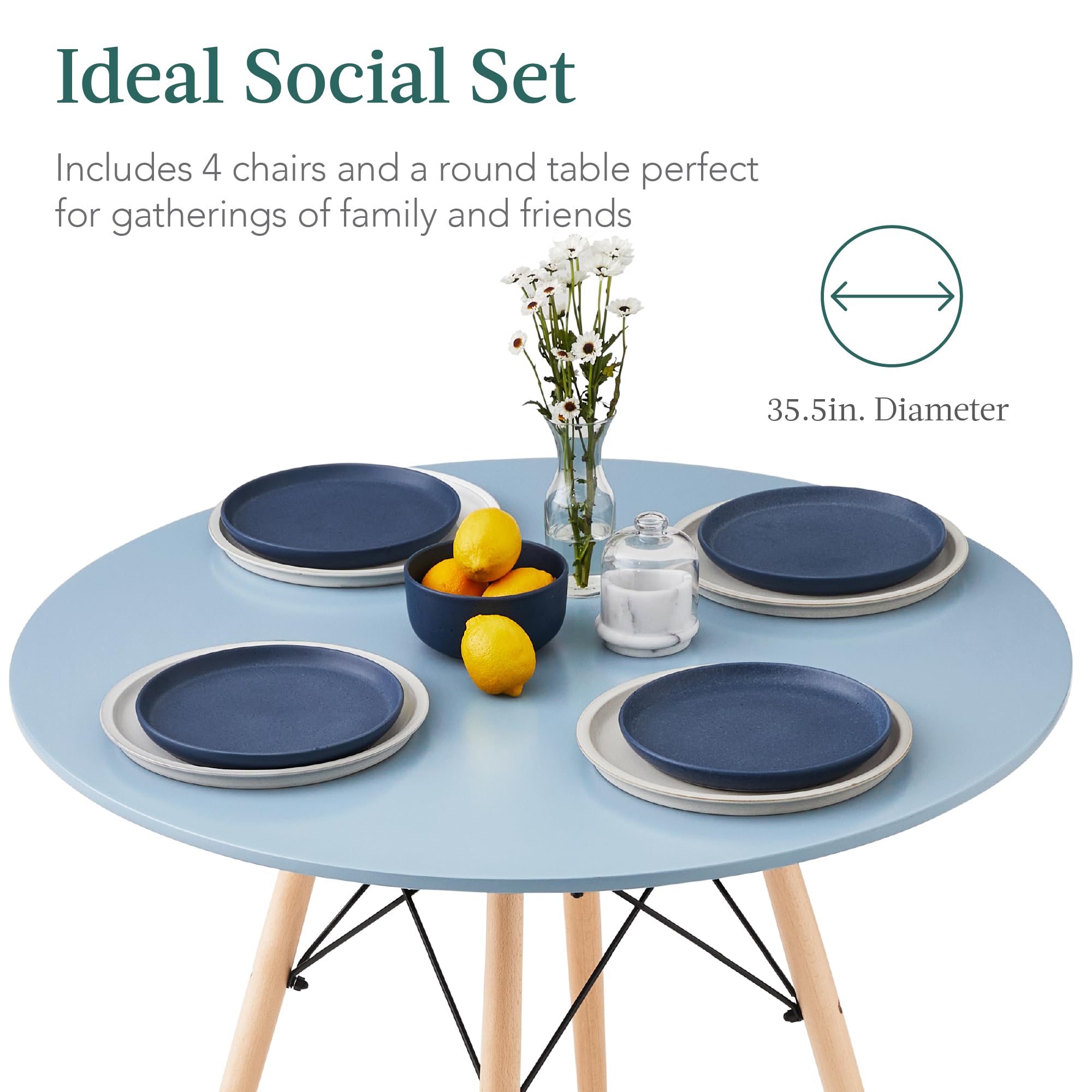 Best Choice Products 5-Piece Dining Set, Compact Mid-Century Modern Table & Chair Set for Home, Apartment w/ 4 Chairs, Plastic Seats, Wooden Legs, Metal Frame - Blue/Oak - Image 4