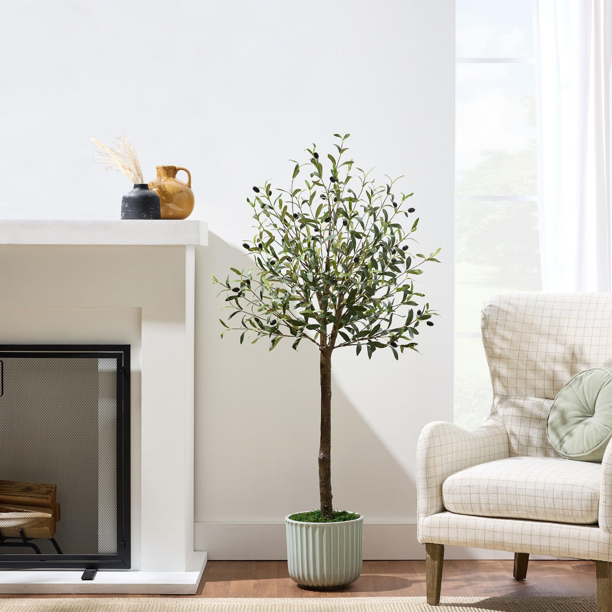 Best Choice Products 5Ft Artificial Olive Tree, Lifelike Faux Tree w/Planter Pot, Indoor Home Office Accent Decor Realistic Trunk, Fruit, Fake Plant - Image 3