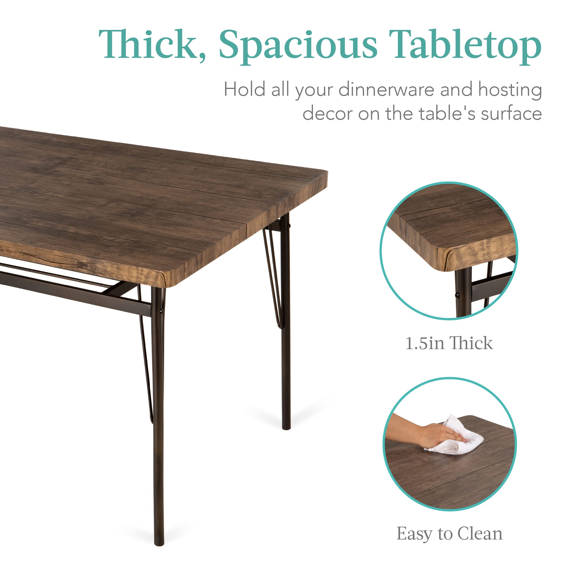 Best Choice Products 6-Piece 55in Modern Dining Set for Home, Kitchen, Dining Room w/Storage Racks, Rectangular Table, Bench, 4 Chairs, Steel Frame - Brown - Image 4