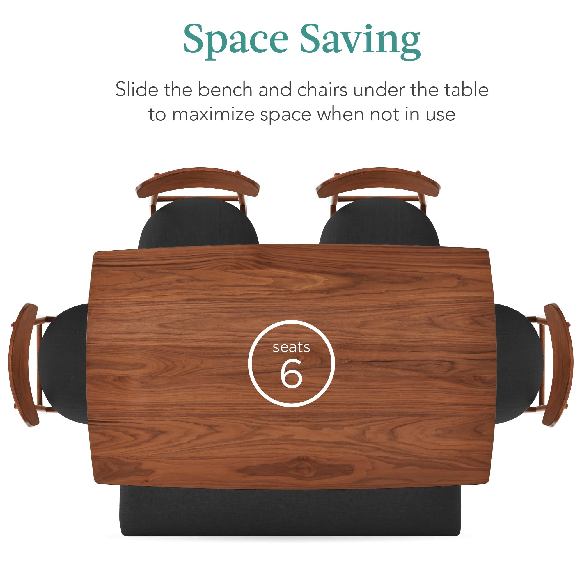 Best Choice Products 6-Piece Wooden Dining Set, Mid-Century Modern Table & Upholstered Chair Set w/Bench Seat, Rubberwood Legs - Walnut/Charcoal - Image 3