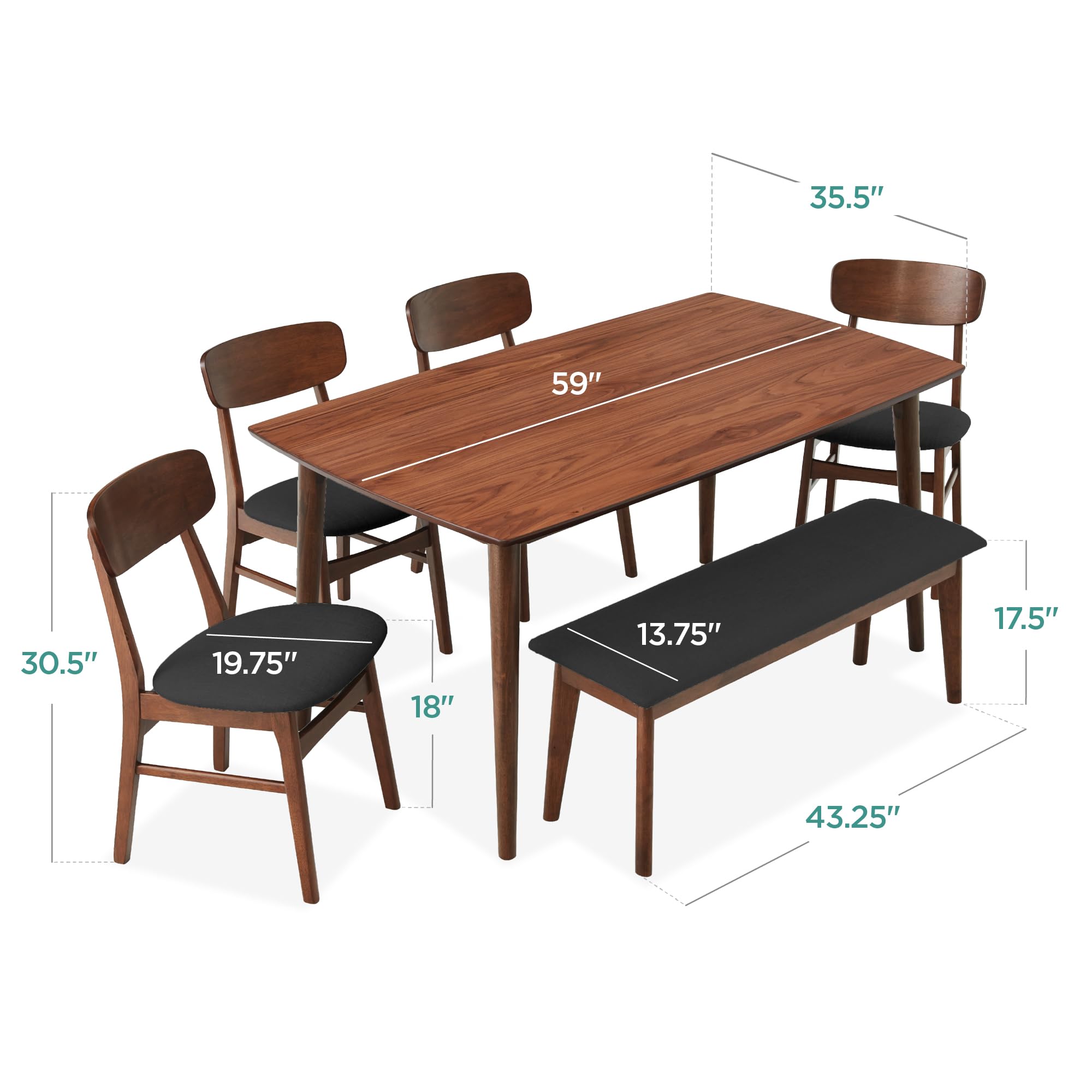 Best Choice Products 6-Piece Wooden Dining Set, Mid-Century Modern Table & Upholstered Chair Set w/Bench Seat, Rubberwood Legs - Walnut/Charcoal - Image 7