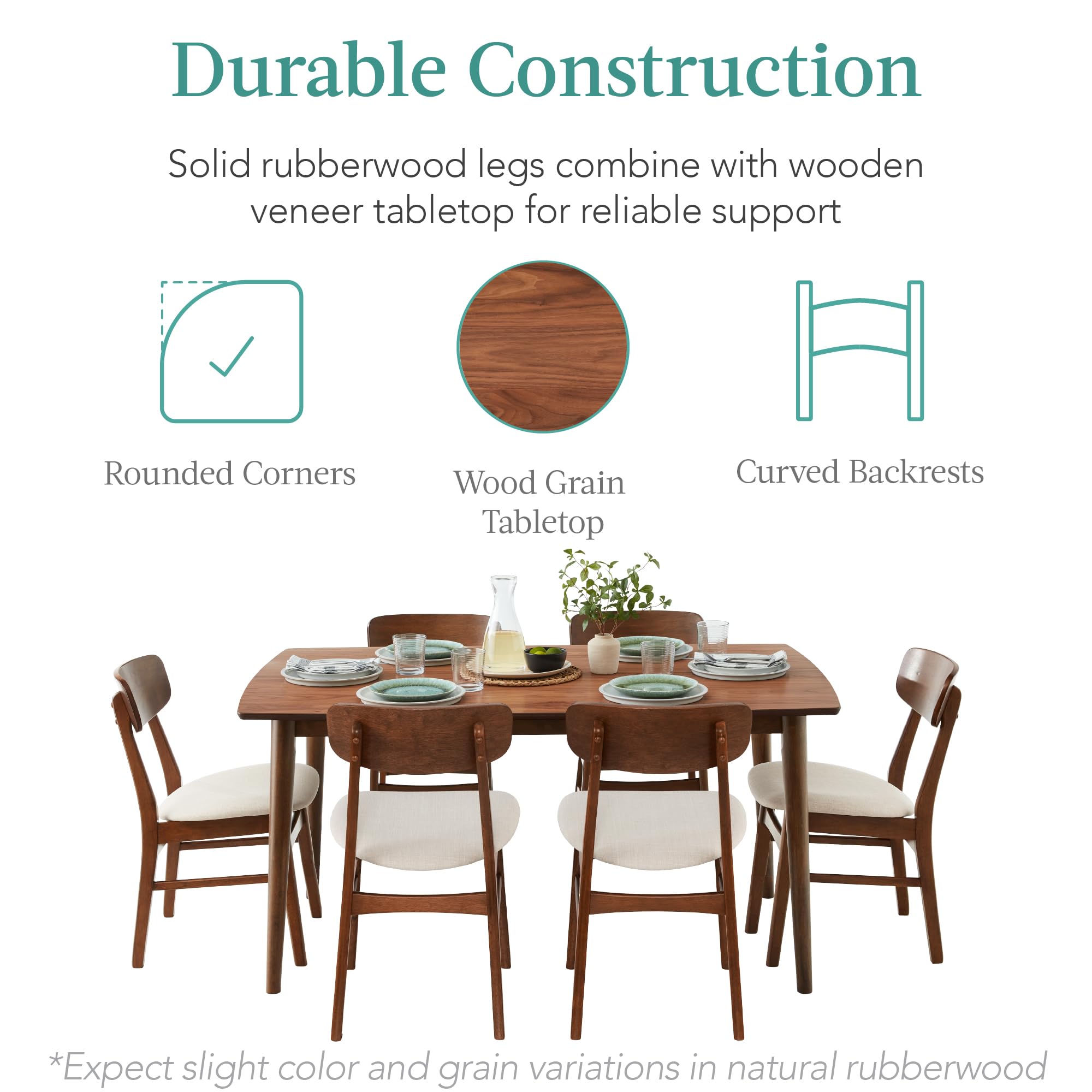 Best Choice Products 7-Piece Wooden Dining Room Table Set, Mid-Century Modern, Kitchen Table w/ 6 Chairs, Upholstered Cushions, Curved Backrests, Rounded Table Corners - Walnut/Cream - Image 4