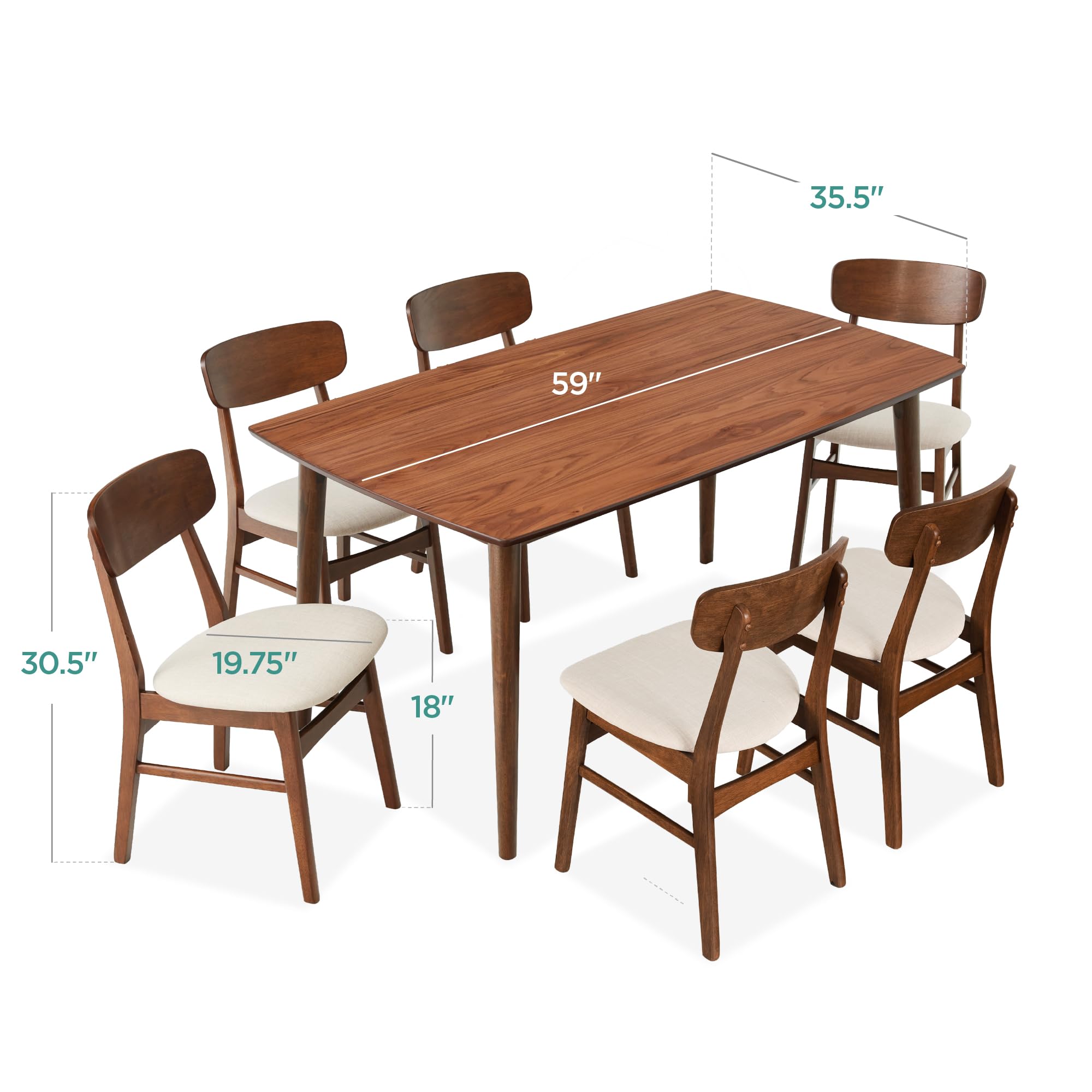 Best Choice Products 7-Piece Wooden Dining Room Table Set, Mid-Century Modern, Kitchen Table w/ 6 Chairs, Upholstered Cushions, Curved Backrests, Rounded Table Corners - Walnut/Cream - Image 7