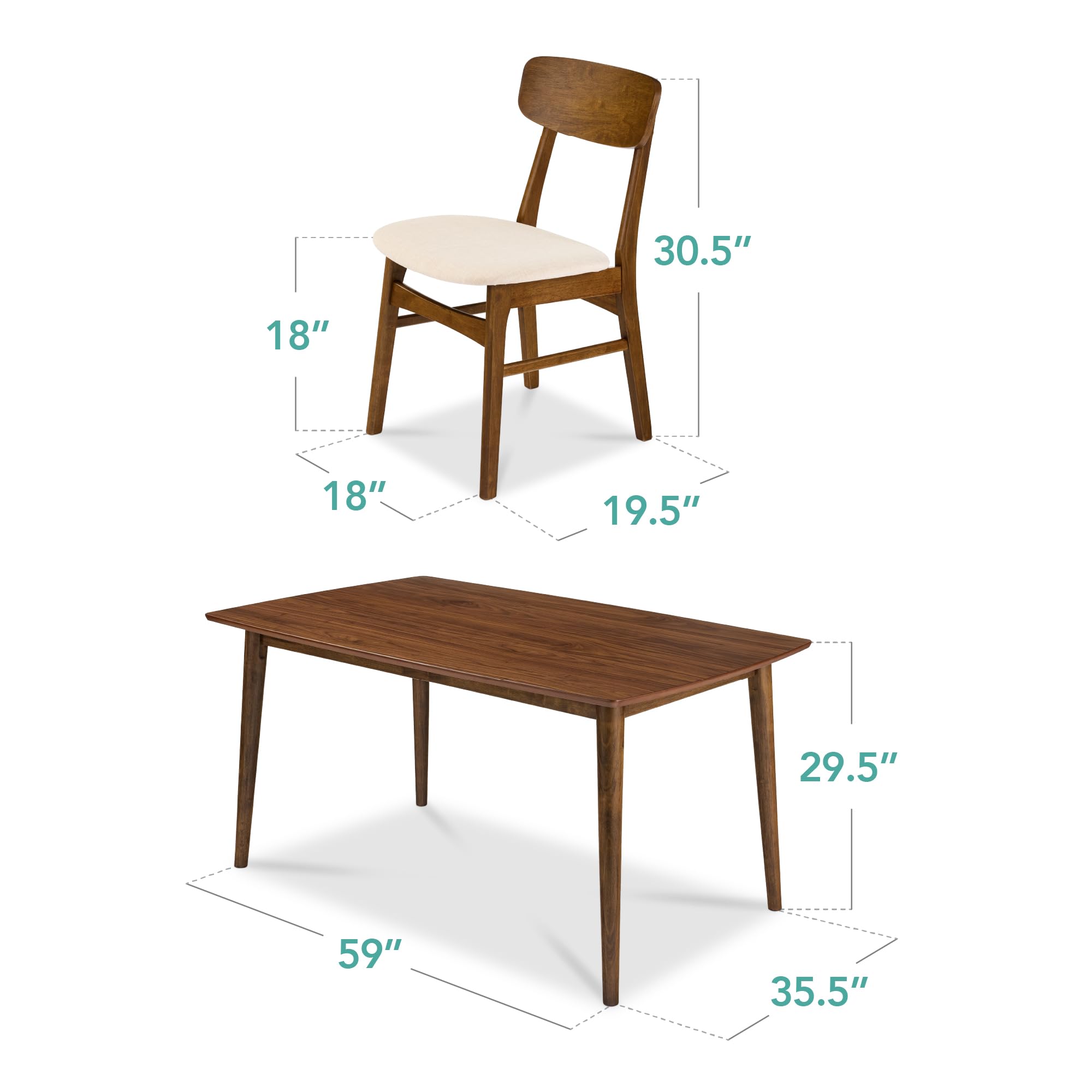 Best Choice Products 7-Piece Wooden Dining Room Table Set, Mid-Century Modern, Kitchen Table w/ 6 Chairs, Upholstered Cushions, Curved Backrests, Rounded Table Corners - Walnut/Cream - Image 8