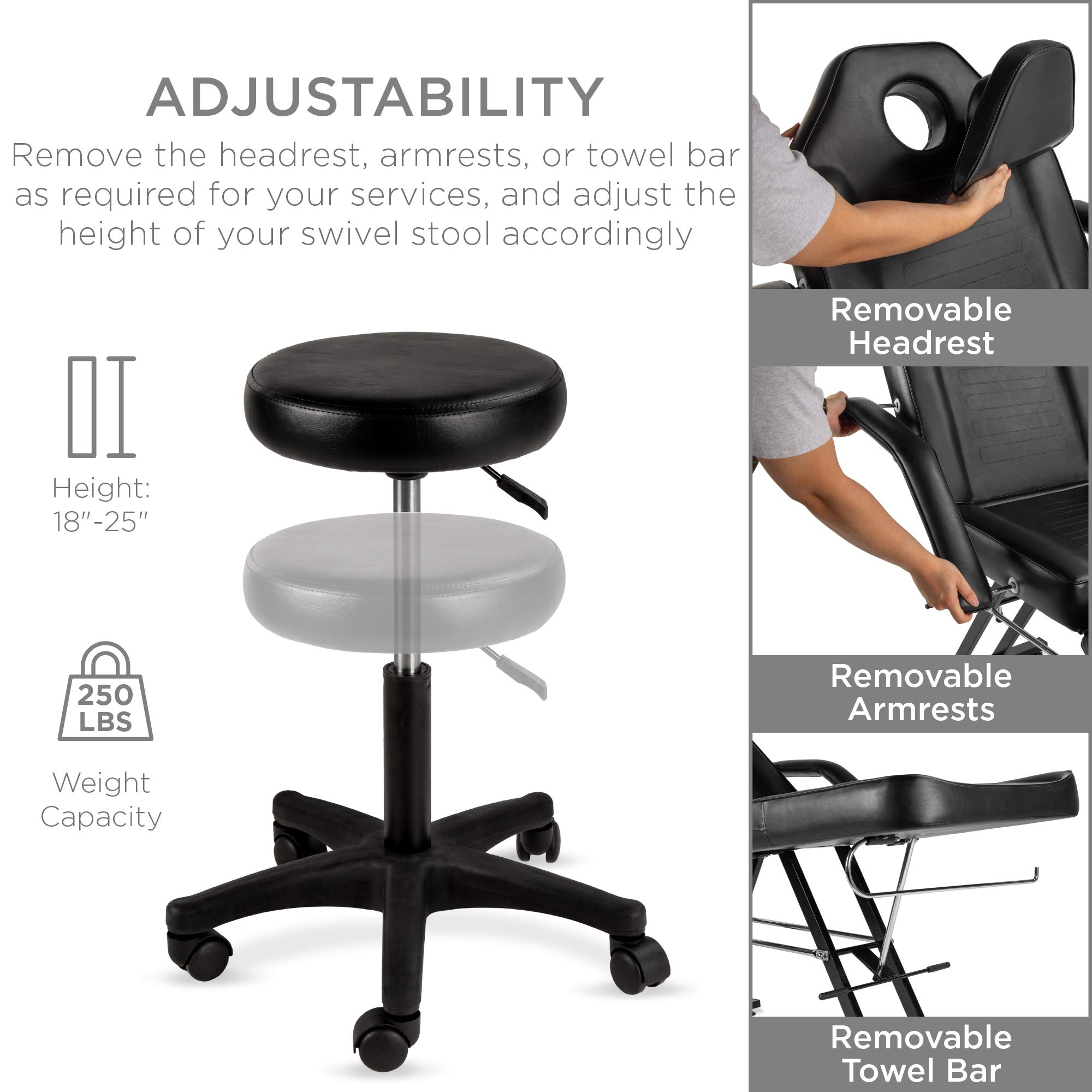 Best Choice Products 71in 3-Section Multipurpose Massage Bed, Spa & Salon Facial, Tattoo Chair w/Hydraulic Stool, Removable Headrest, Facial Cradle, Towel Hanger - Black - Image 5