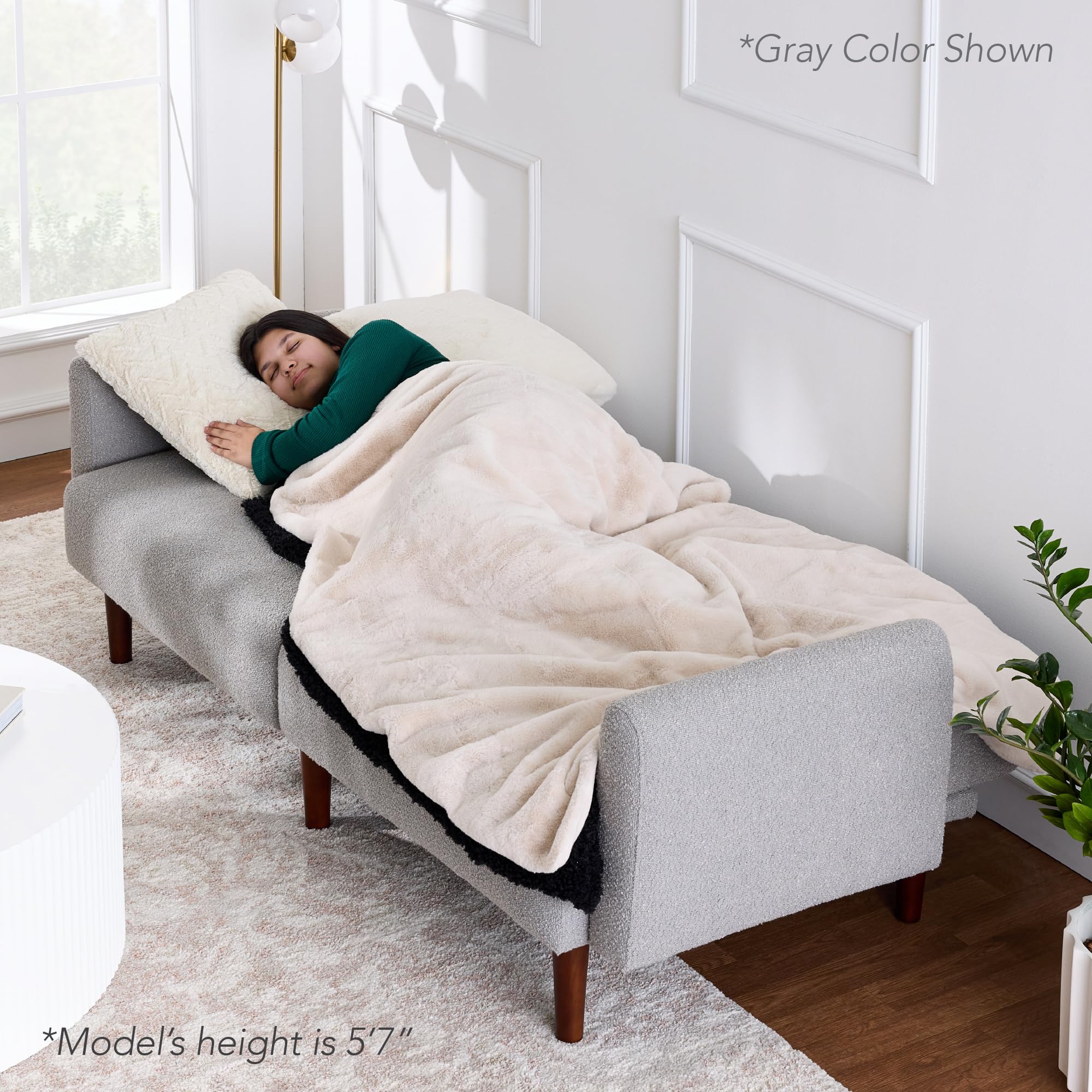 Best Choice Products 77" Mid Century Modern Boucle Loveseat Sofa, Couch, Convertible Sofa Sleeper Bed w/Real Wood, Removable Armrest - Storm Gray - Image 5