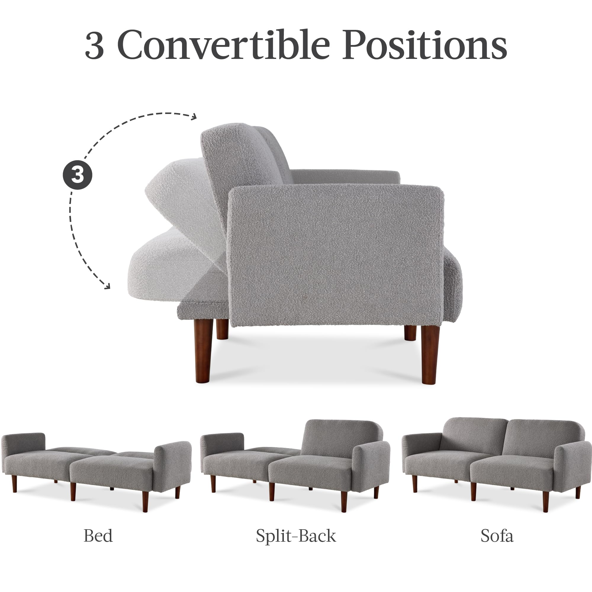 Best Choice Products 77" Mid Century Modern Boucle Loveseat Sofa, Couch, Convertible Sofa Sleeper Bed w/Real Wood, Removable Armrest - Storm Gray - Image 7