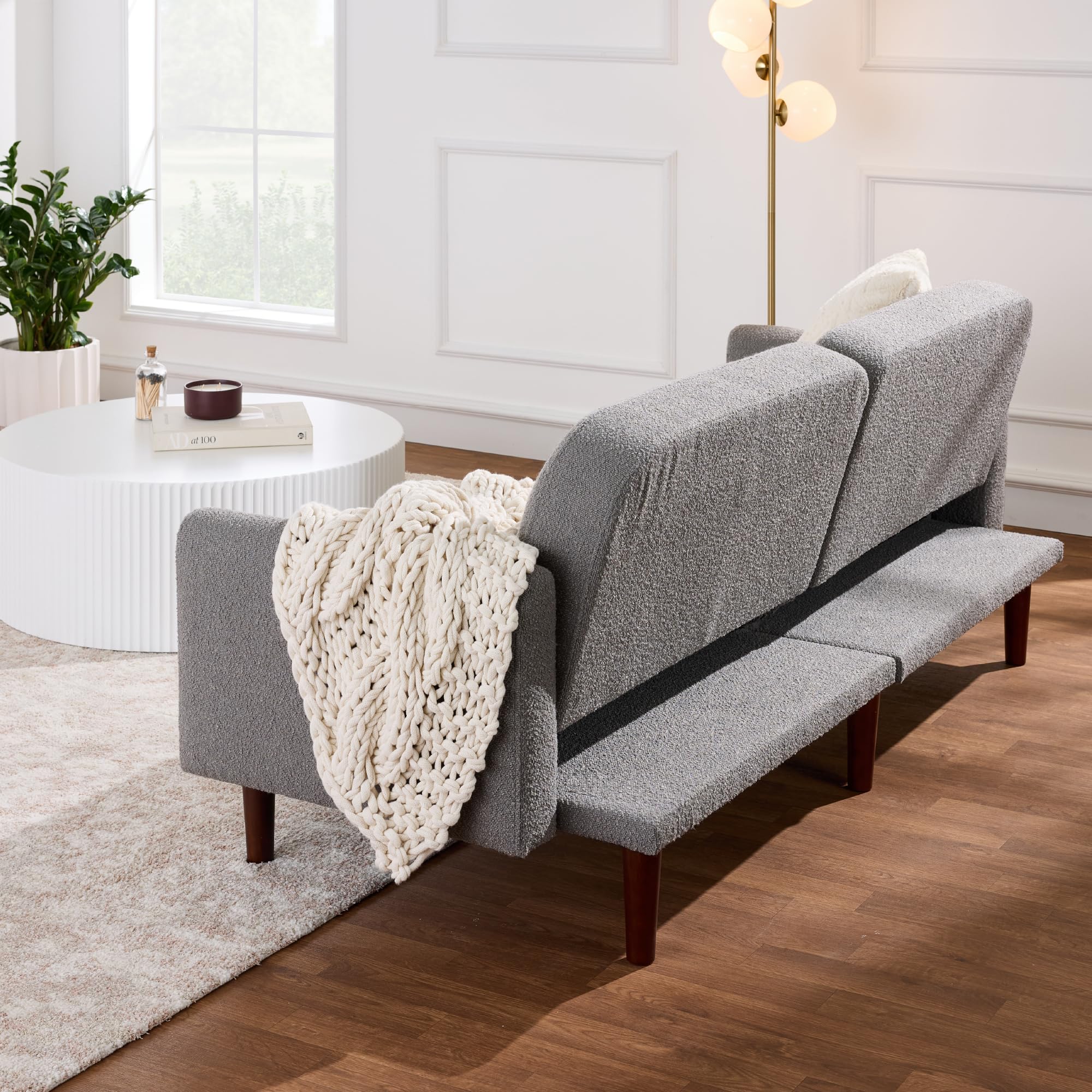 Best Choice Products 77" Mid Century Modern Boucle Loveseat Sofa, Couch, Convertible Sofa Sleeper Bed w/Real Wood, Removable Armrest - Storm Gray - Image 8