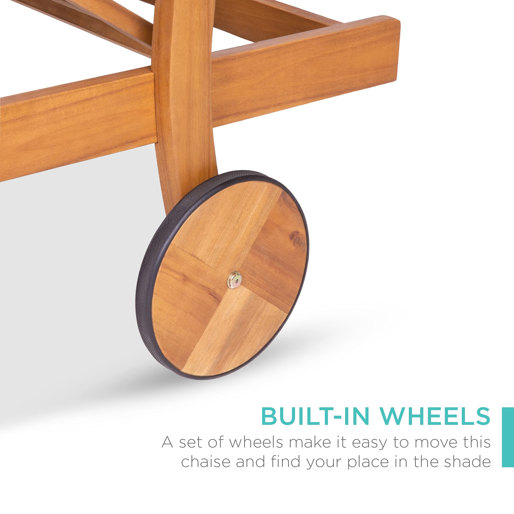 Best Choice Products 79x26in Acacia Wood Chaise Lounge Chair Recliner, Outdoor Furniture for Patio, Poolside w/Slide-Out Side Table, Foam-Padded Cushion, Adjustable Backrest, Wheels - Cream - Image 8