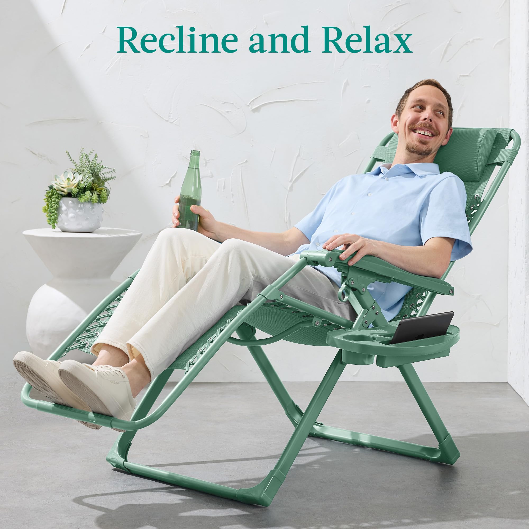 Best Choice Products Adjustable Zero Gravity Chair, Monochromatic Color Folding Patio Recliner w/Side Tray, Headrest - Seafoam - Image 4