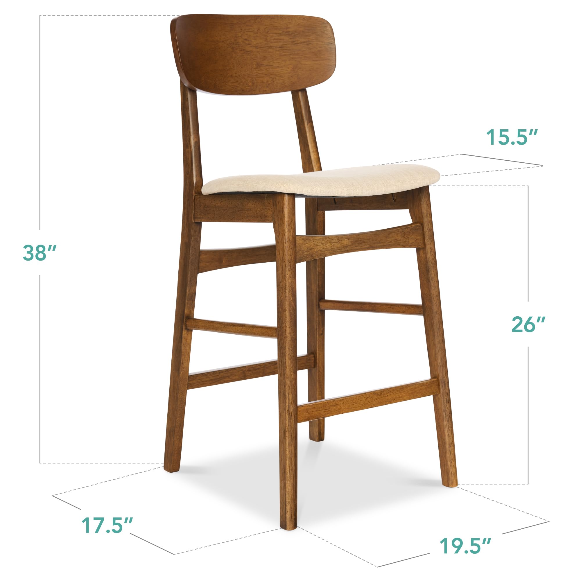Best Choice Products Bar Stool Set of 2, Modern Farmhouse Counter Height Stools w/Upholstered Cushioned Seat, Wooden Curved Backrest - Walnut/Cream - Image 3