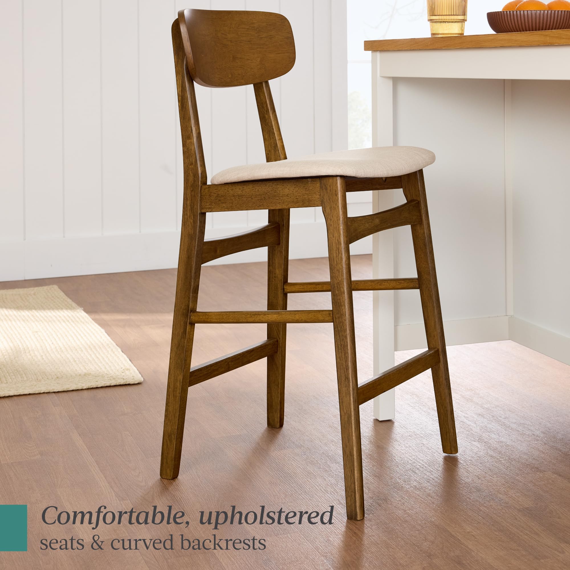 Best Choice Products Bar Stool Set of 2, Modern Farmhouse Counter Height Stools w/Upholstered Cushioned Seat, Wooden Curved Backrest - Walnut/Cream - Image 6