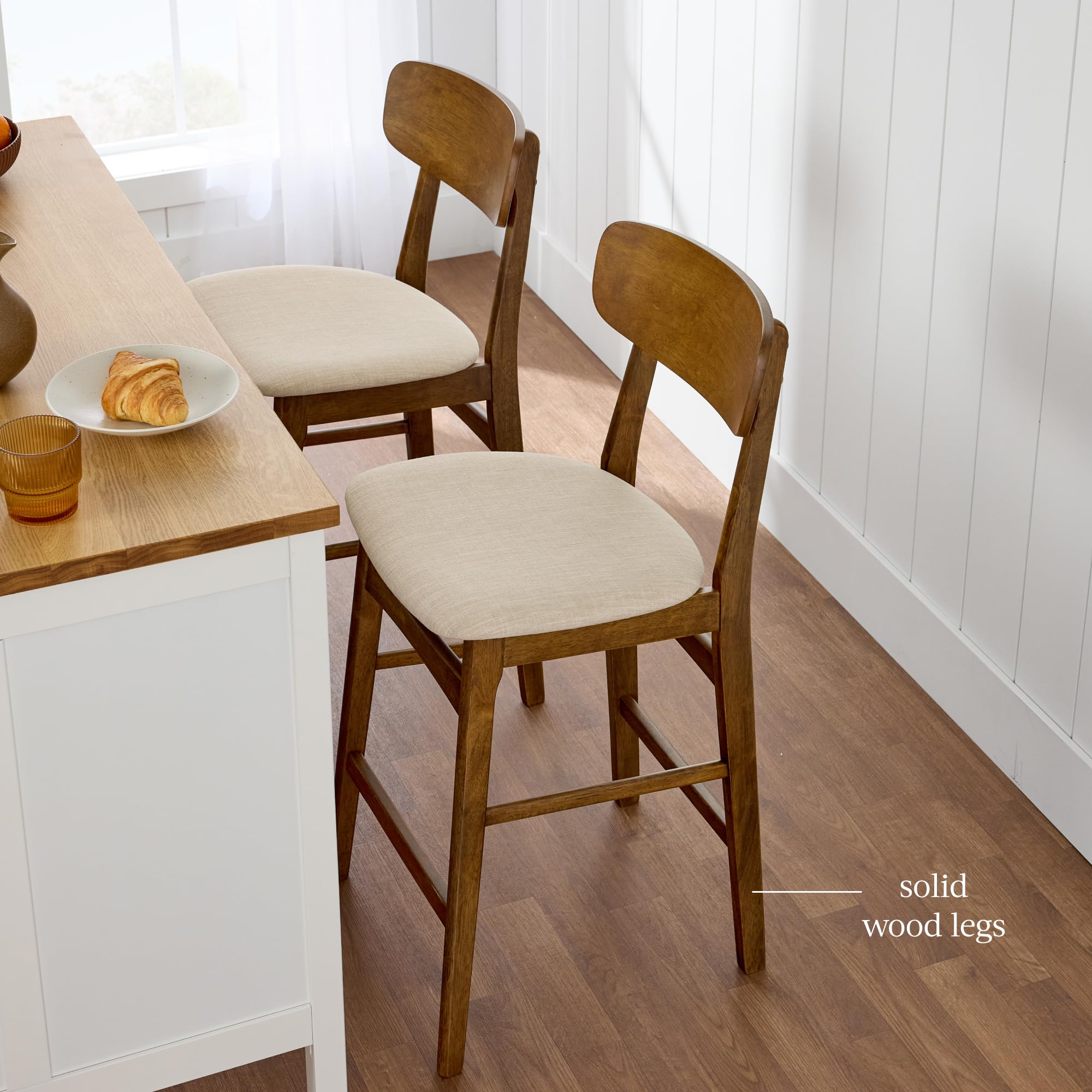 Best Choice Products Bar Stool Set of 2, Modern Farmhouse Counter Height Stools w/Upholstered Cushioned Seat, Wooden Curved Backrest - Walnut/Cream - Image 7