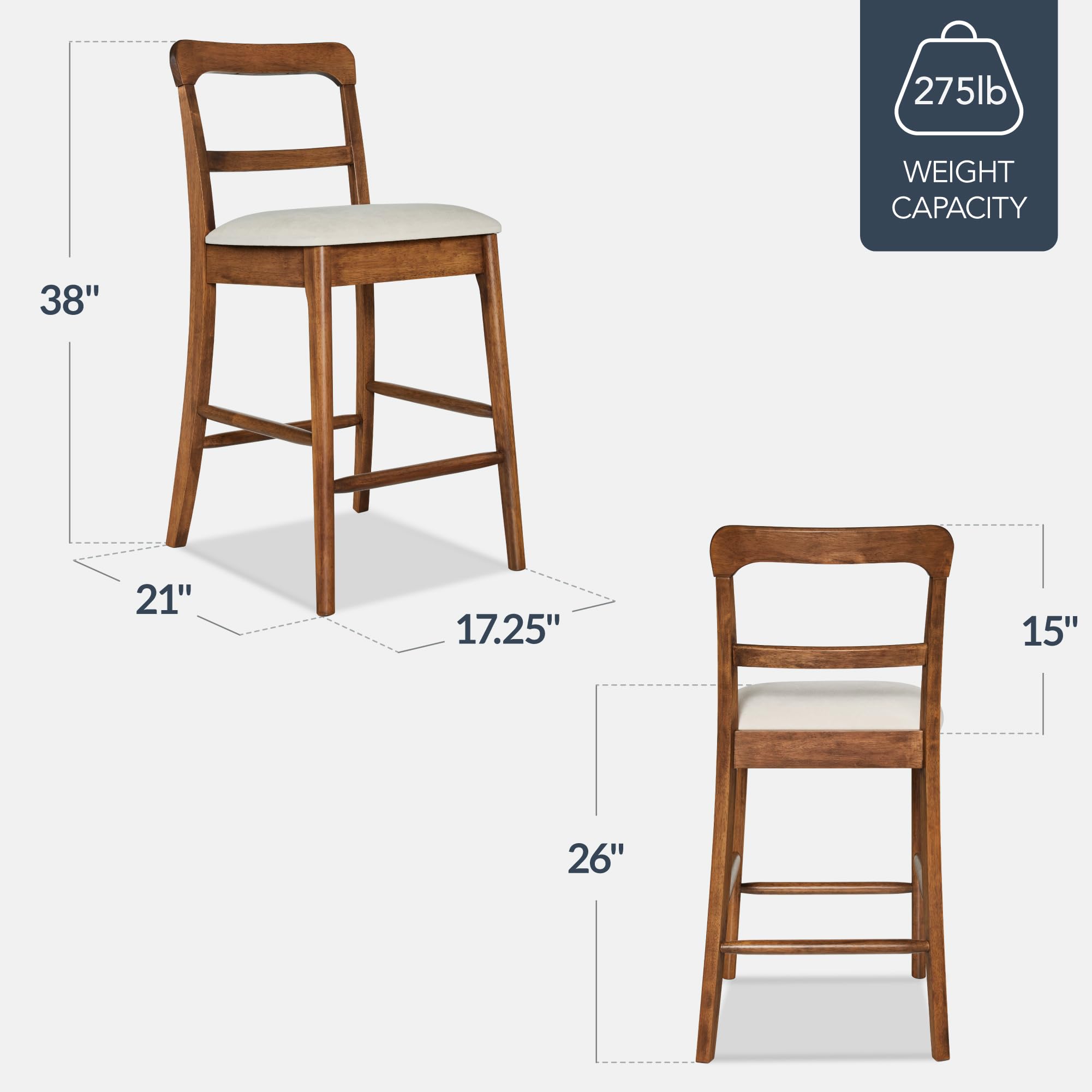 Best Choice Products Bar Stool Set of 2, Modern Farmhouse Counter Height Stools w/Upholstered Cushioned Seat, Wooden Curved Backrest - Chestnut/Cream - Image 3