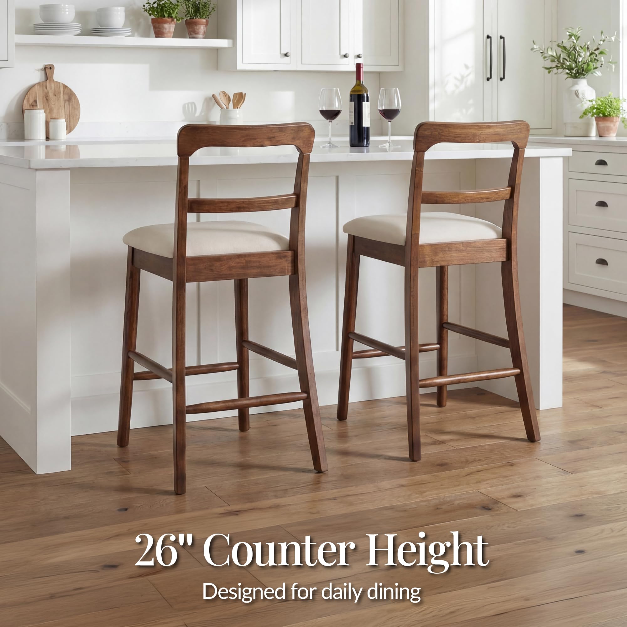Best Choice Products Bar Stool Set of 2, Modern Farmhouse Counter Height Stools w/Upholstered Cushioned Seat, Wooden Curved Backrest - Chestnut/Cream - Image 4