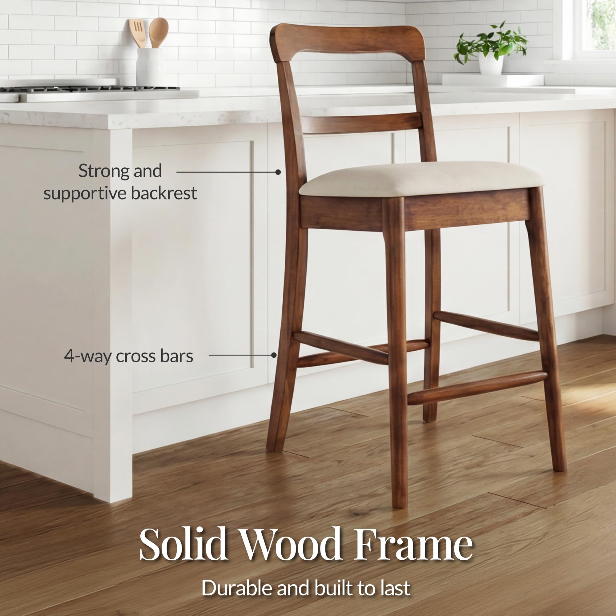 Best Choice Products Bar Stool Set of 2, Modern Farmhouse Counter Height Stools w/Upholstered Cushioned Seat, Wooden Curved Backrest - Chestnut/Cream - Image 6