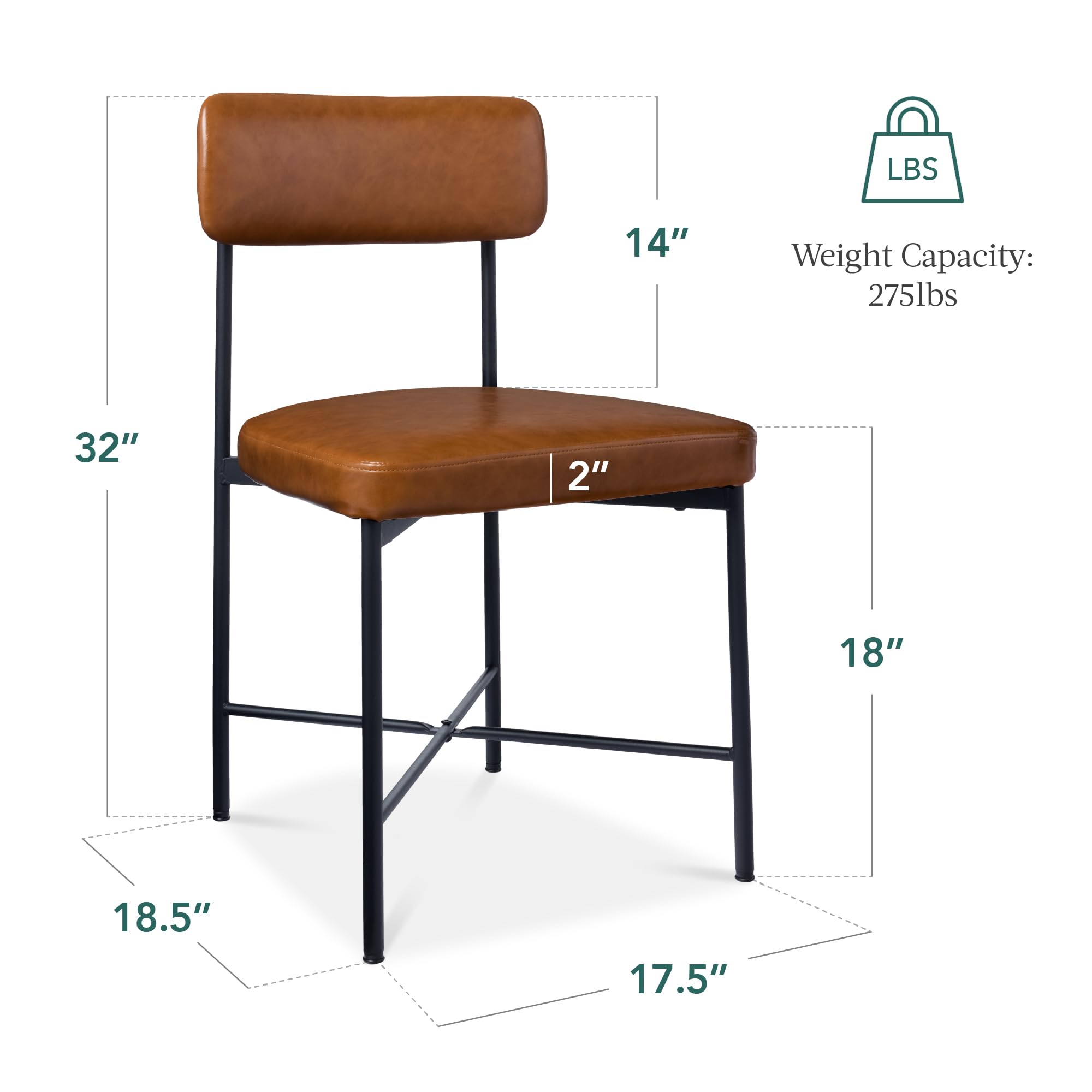 Best Choice Products Faux Leather Dining Chair Set of 2, Standard Height, Metal Frame Padded Cushions for Kitchen and Dining - Camel Brown - Image 3