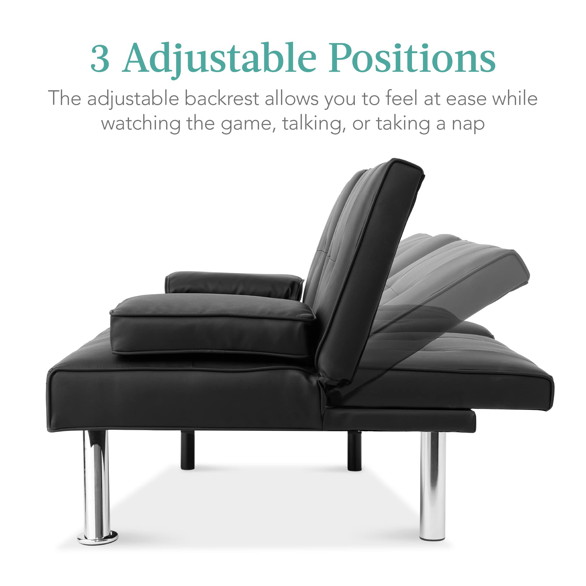 Best Choice Products Faux Leather Upholstered Modern Convertible Futon, Adjustable Folding Sofa Bed, Guest Bed w/Removable Armrests - Black - Image 3