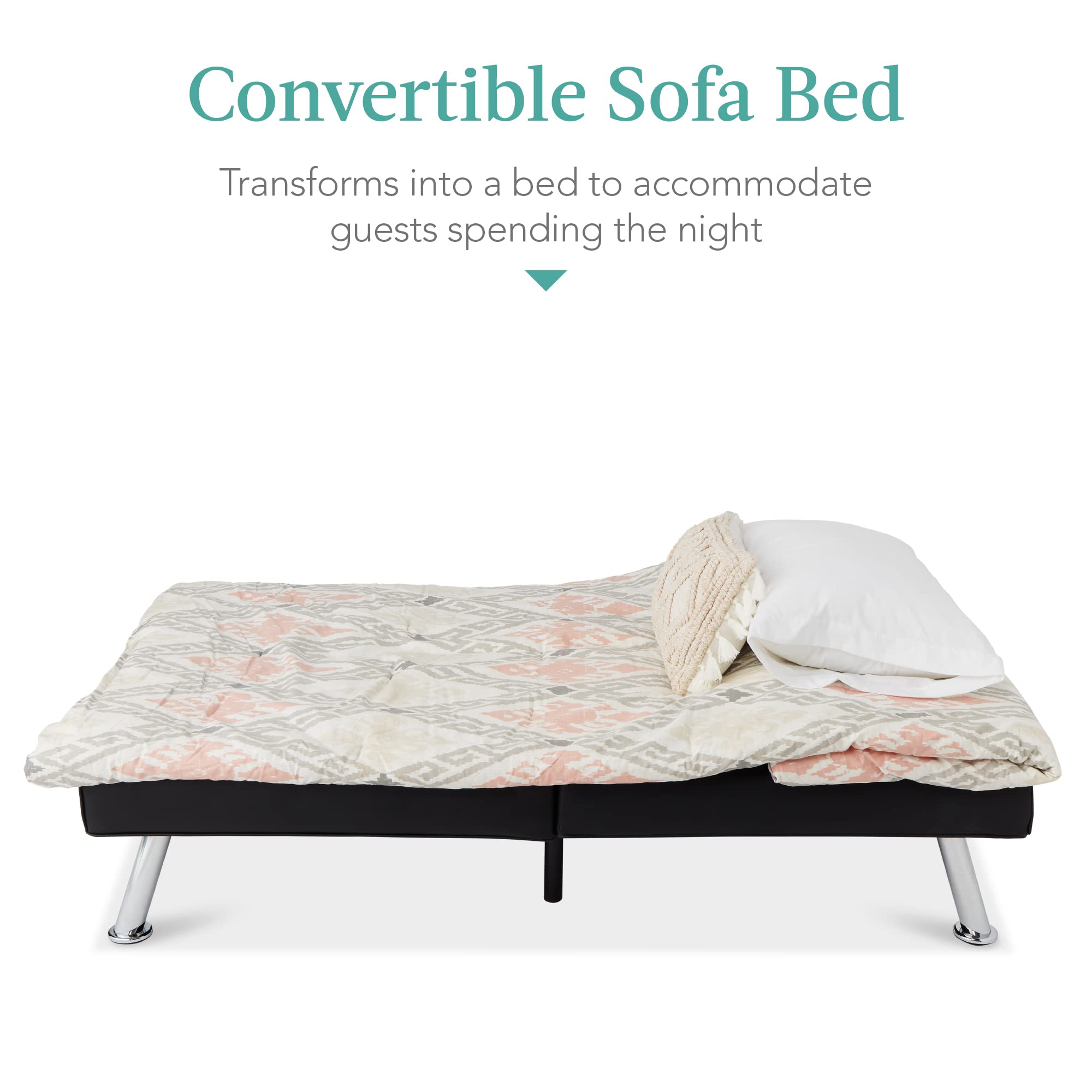 Best Choice Products Faux Leather Upholstered Modern Convertible Futon, Adjustable Folding Sofa Bed, Guest Bed w/Removable Armrests - Black - Image 5