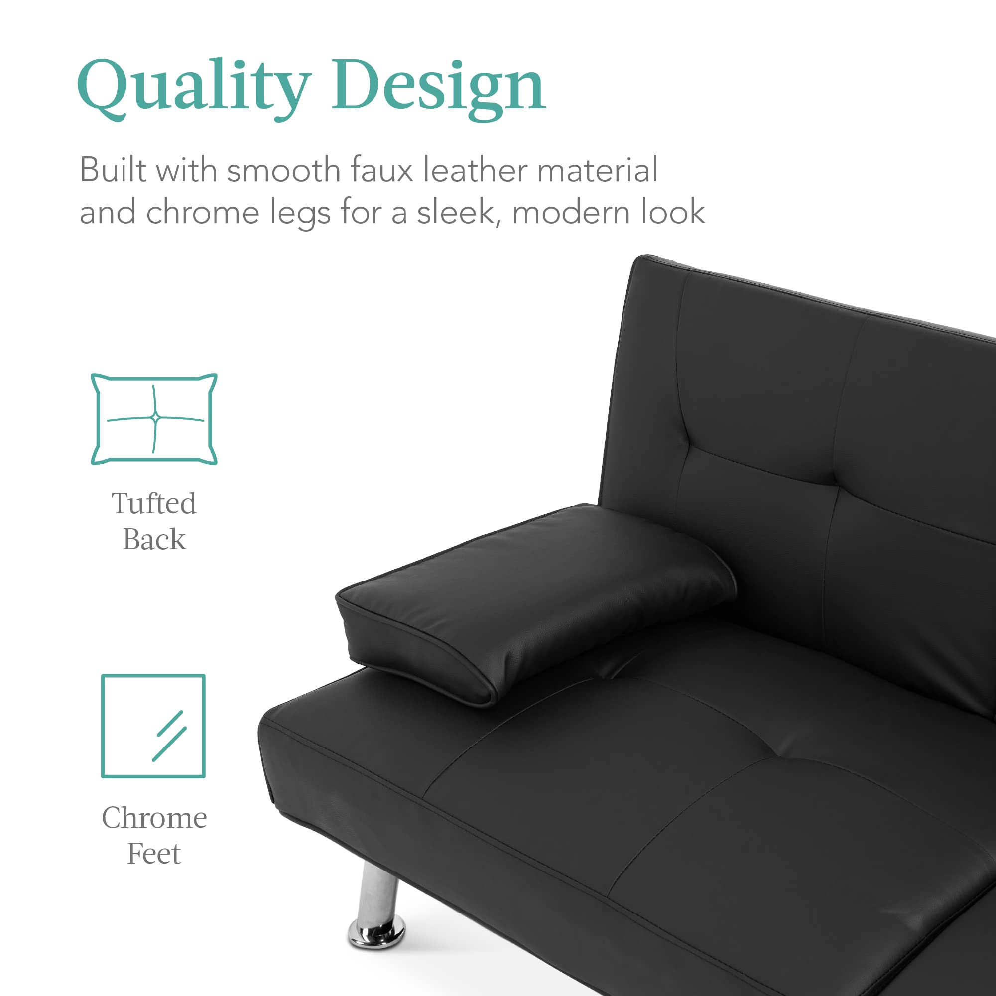 Best Choice Products Faux Leather Upholstered Modern Convertible Futon, Adjustable Folding Sofa Bed, Guest Bed w/Removable Armrests - Black - Image 6