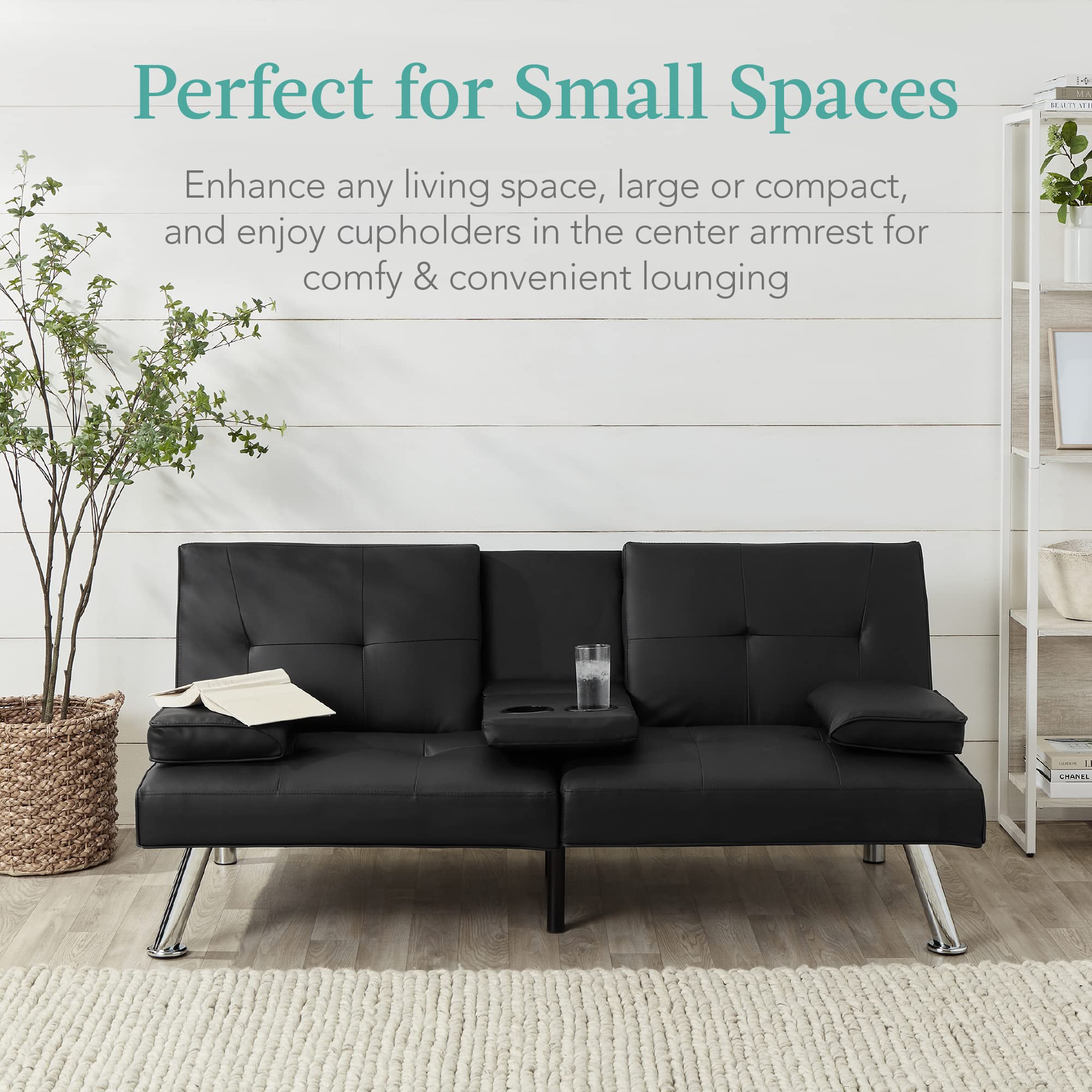 Best Choice Products Faux Leather Upholstered Modern Convertible Futon, Adjustable Folding Sofa Bed, Guest Bed w/Removable Armrests - Black - Image 7