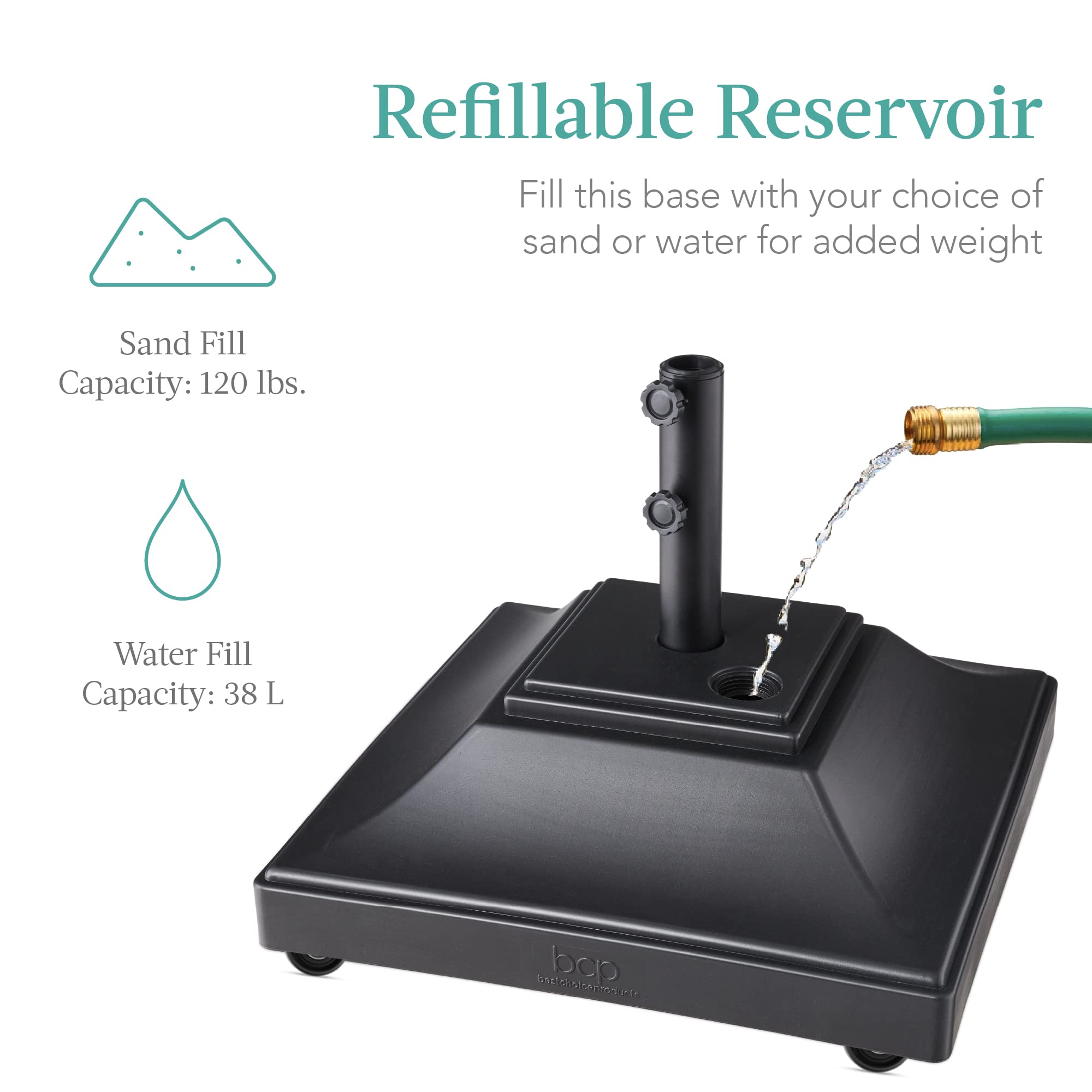 Best Choice Products Fillable Mobile Umbrella Base, Heavy Duty Base, Square Tiered Market Stand for Patio, Deck, Outdoor w/ 4 Wheels, 2 Locks, 2 Knobs, 120lb Capacity - Black - Image 4