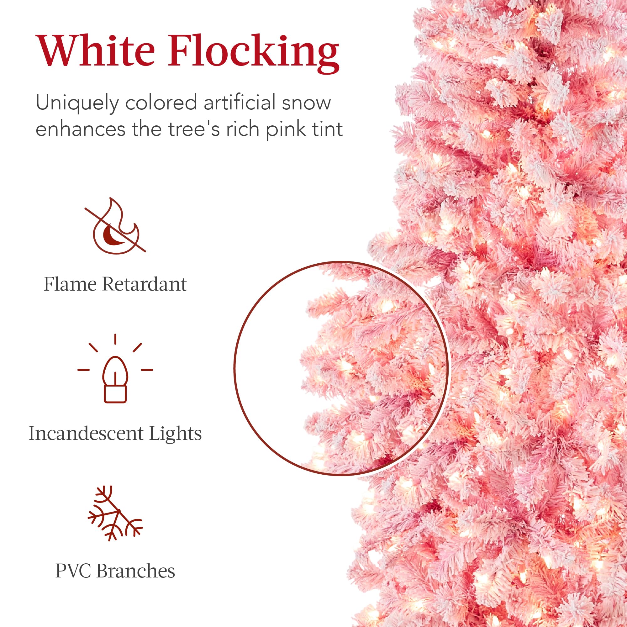 Best Choice Products Flocked Pink Pencil Christmas Tree, Pre-Lit Slim Artificial Holiday Decoration, 7.5ft Lighted Skinny w/Base, Warm White Lights - Image 3