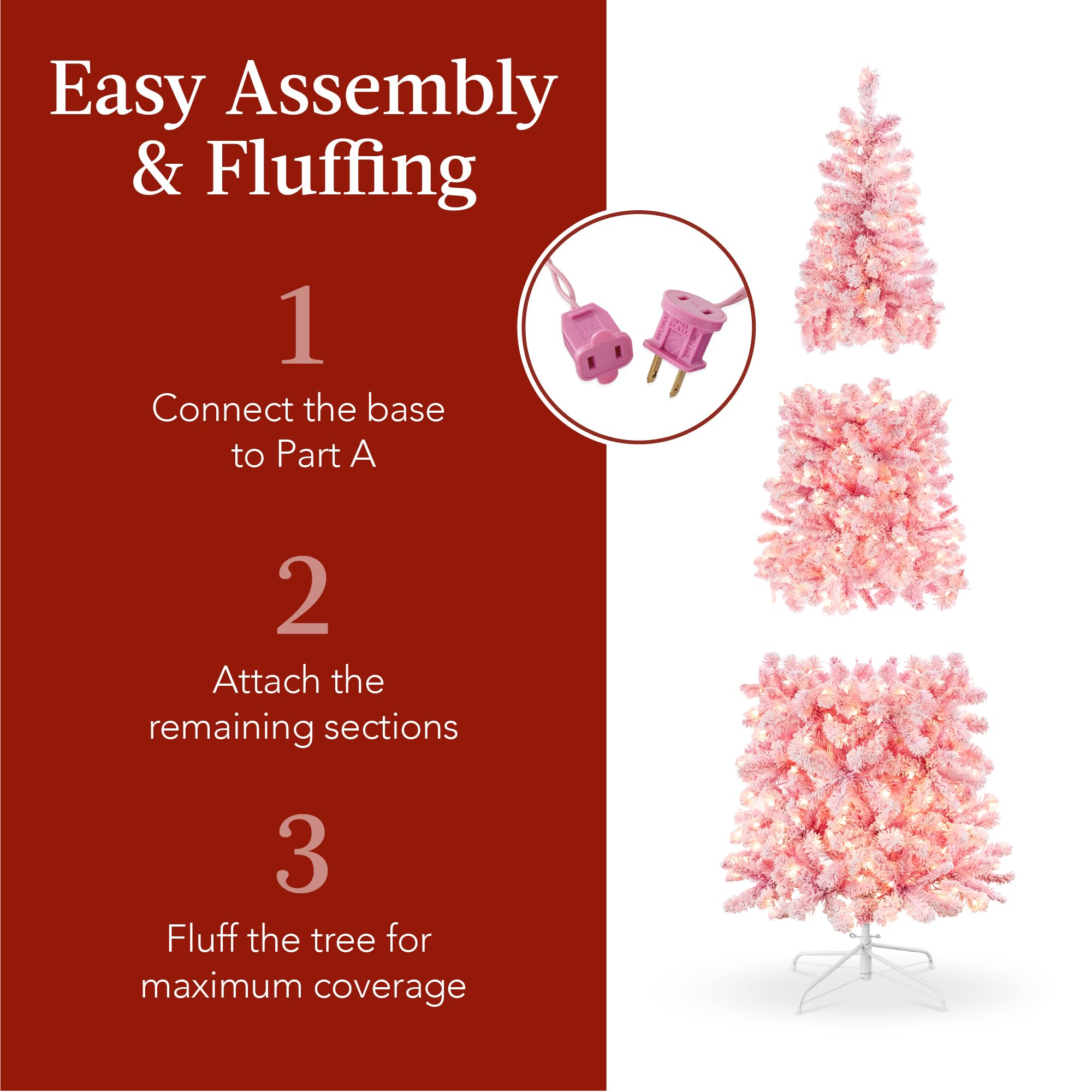Best Choice Products Flocked Pink Pencil Christmas Tree, Pre-Lit Slim Artificial Holiday Decoration, 7.5ft Lighted Skinny w/Base, Warm White Lights - Image 4