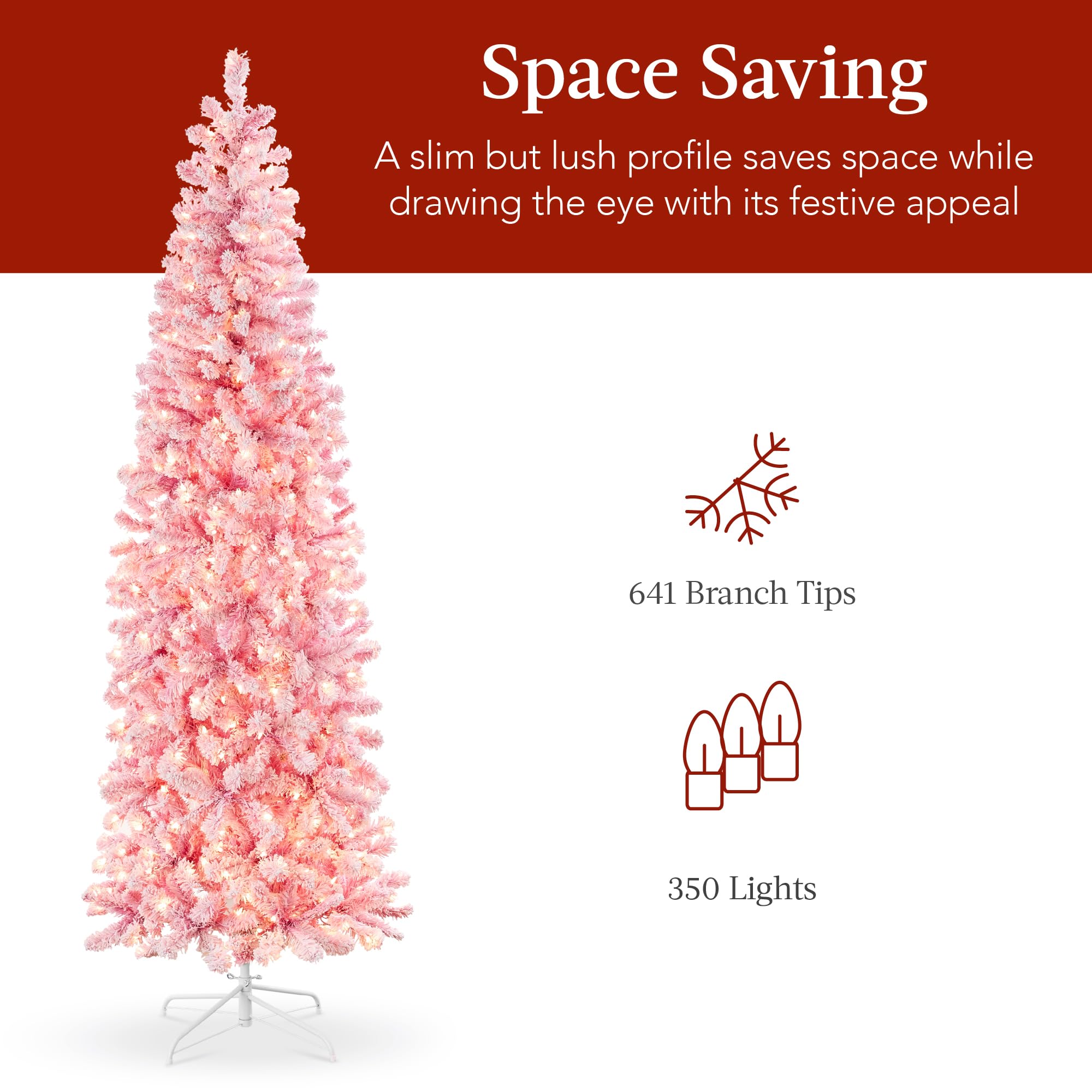 Best Choice Products Flocked Pink Pencil Christmas Tree, Pre-Lit Slim Artificial Holiday Decoration, 7.5ft Lighted Skinny w/Base, Warm White Lights - Image 5
